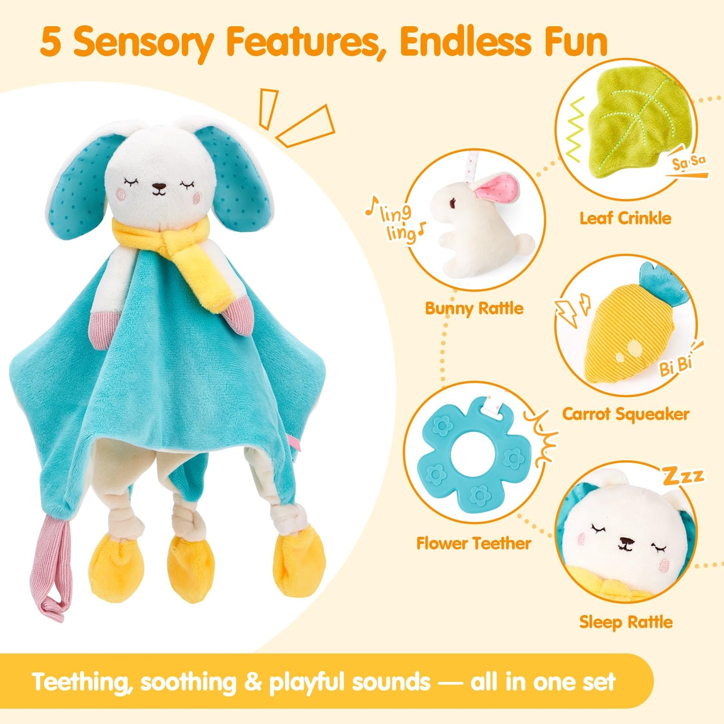 hahaland Baby Lovey Security Blanket, Plush Hanging Sensory Toy with Teether, Rattle & Crinkle for Infant 0-3-6-12 Months, Christmas Set for Boys Girls Snuggle & Play
