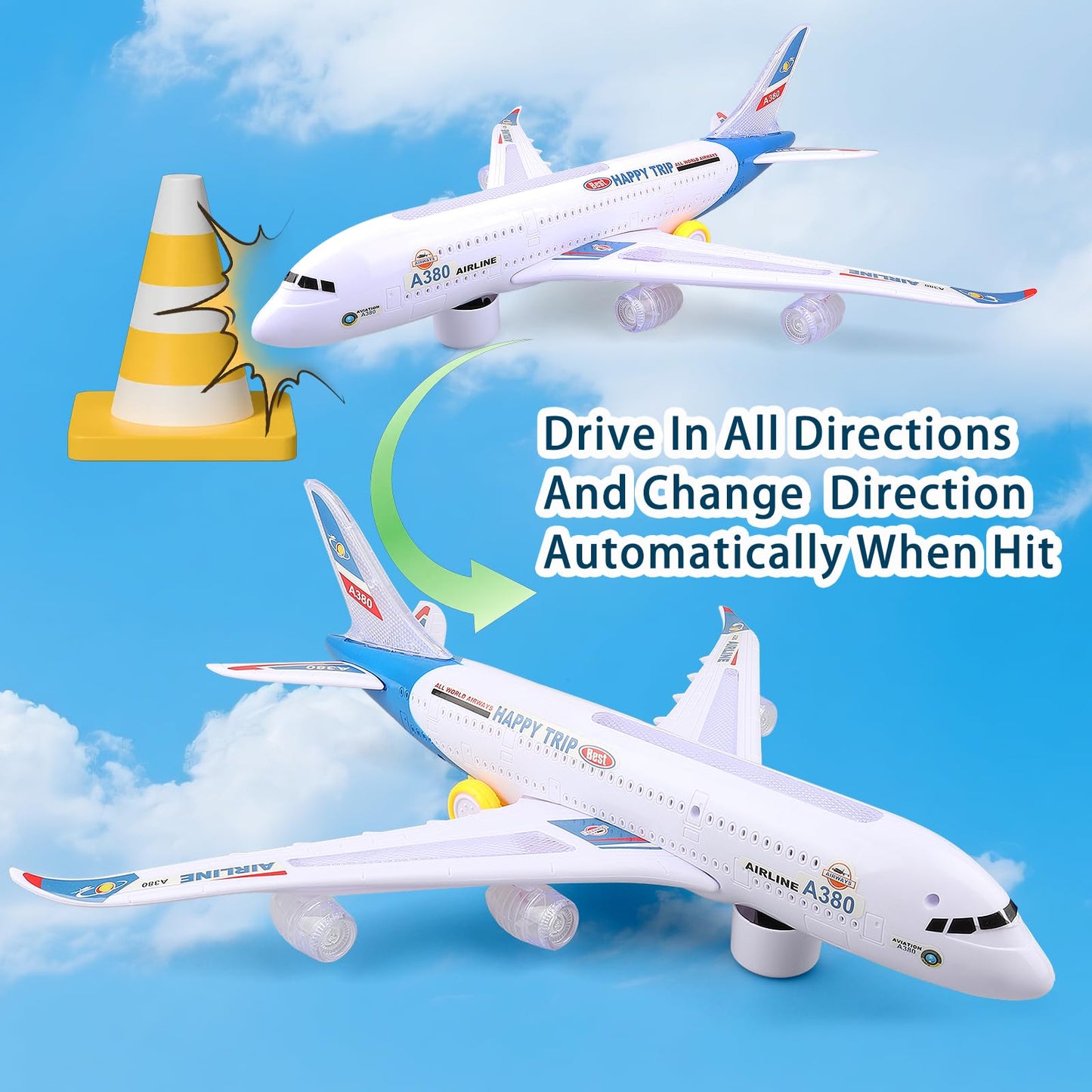 AtomDream Tech Bump and Go Airplane Toy – Realistic Airplane Model with 4D Lights & Sound – Moving Plane Toy for Kids Ages 3-12 – Automatic Direction Change on Collision – Great Gift for Kids(Blue)