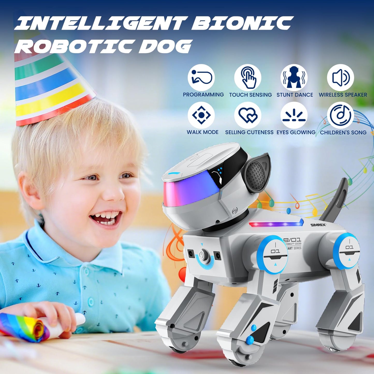 SIMREX Robot Dog Toys for Kids – Smart Interactive Robot Puppy with Bluetooth,Touch Sensor, Dance Tricks, LED Eyes, 2 Rechargeable Batteries, Gift for Kids Boys and Girls(Gray)