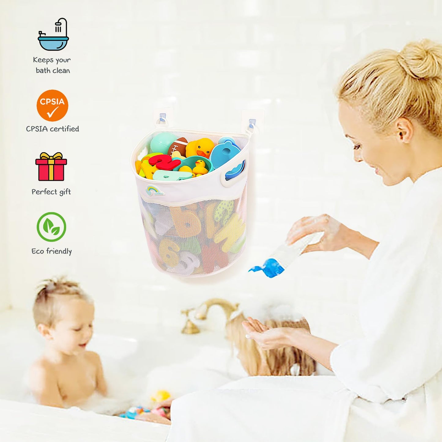 Austion Quick-Fetch Way Mesh Bath Toy Holder, Wide Opening and Large Capacity Bath tub Toy Storage for Easy Access to Toys, Space-Saving Wall-Mounted Bath Toy Organizer, Quick Dry Bathtub Toy Holder