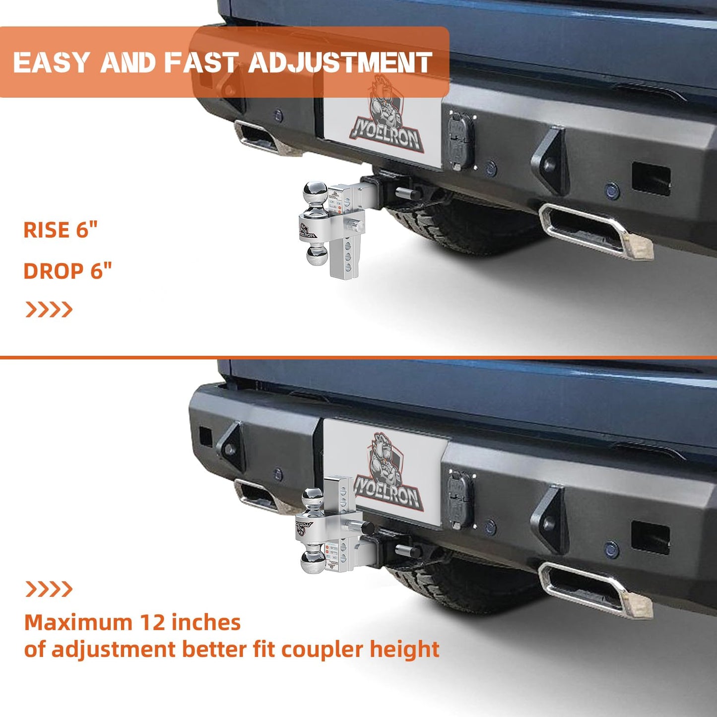 Adjustable Aluminum Trailer Hitch Ball Mount for 2" Receiver, Includes 2.5" Sleeve Adapter, 6" Drop/Rise, Dual Ball 2" & 2-5/16", 12,500 lbs GTW, Hitch Tightener with Locking Pins