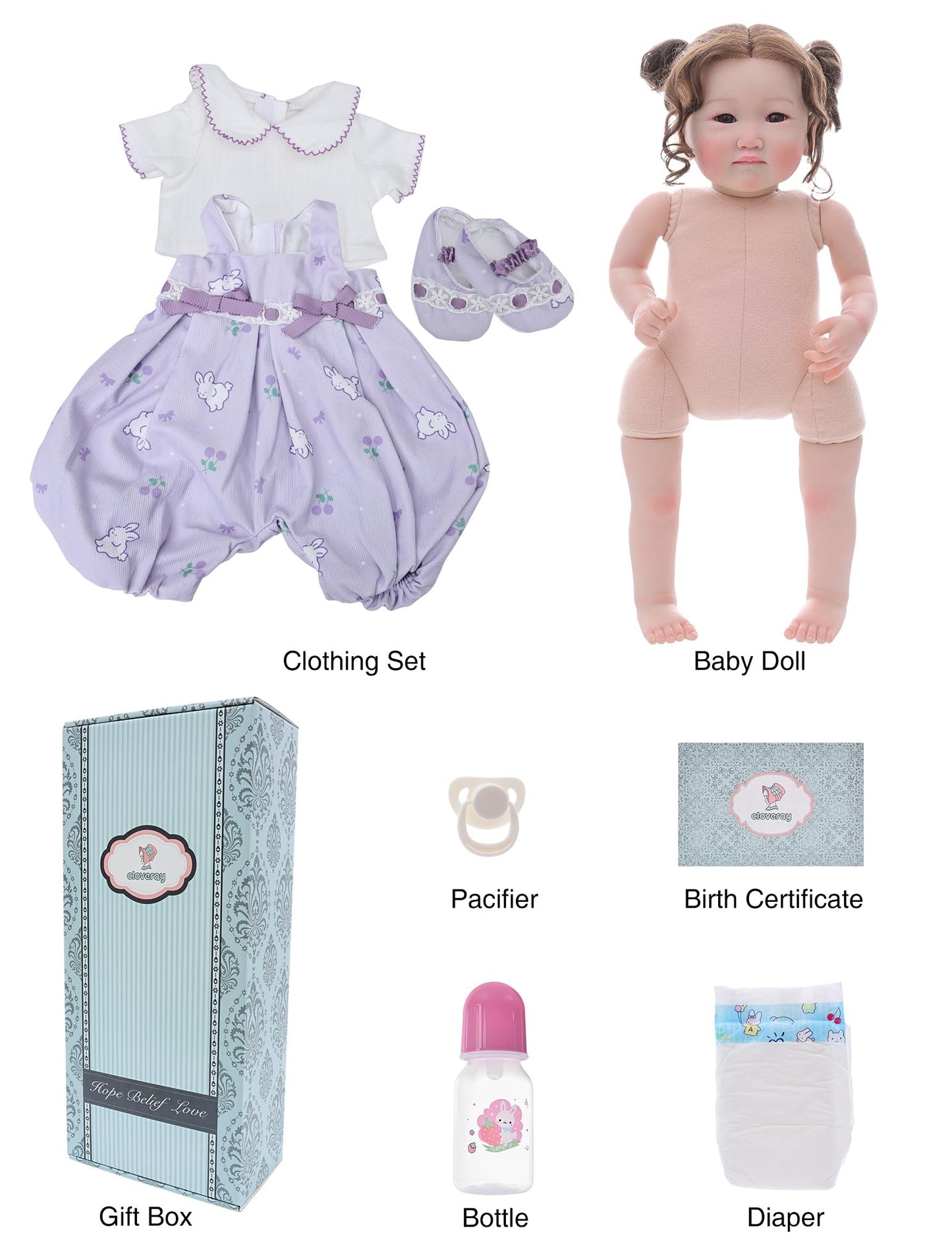 Cloveray Reborn Baby Dolls, 18 Inch Large Realistic Soft Body Asian Baby Doll with Purple Outfit, Brown Glass Eyes, Gift for Girls Ages 3+, Comforting Companion, Pretend Play, Collectible