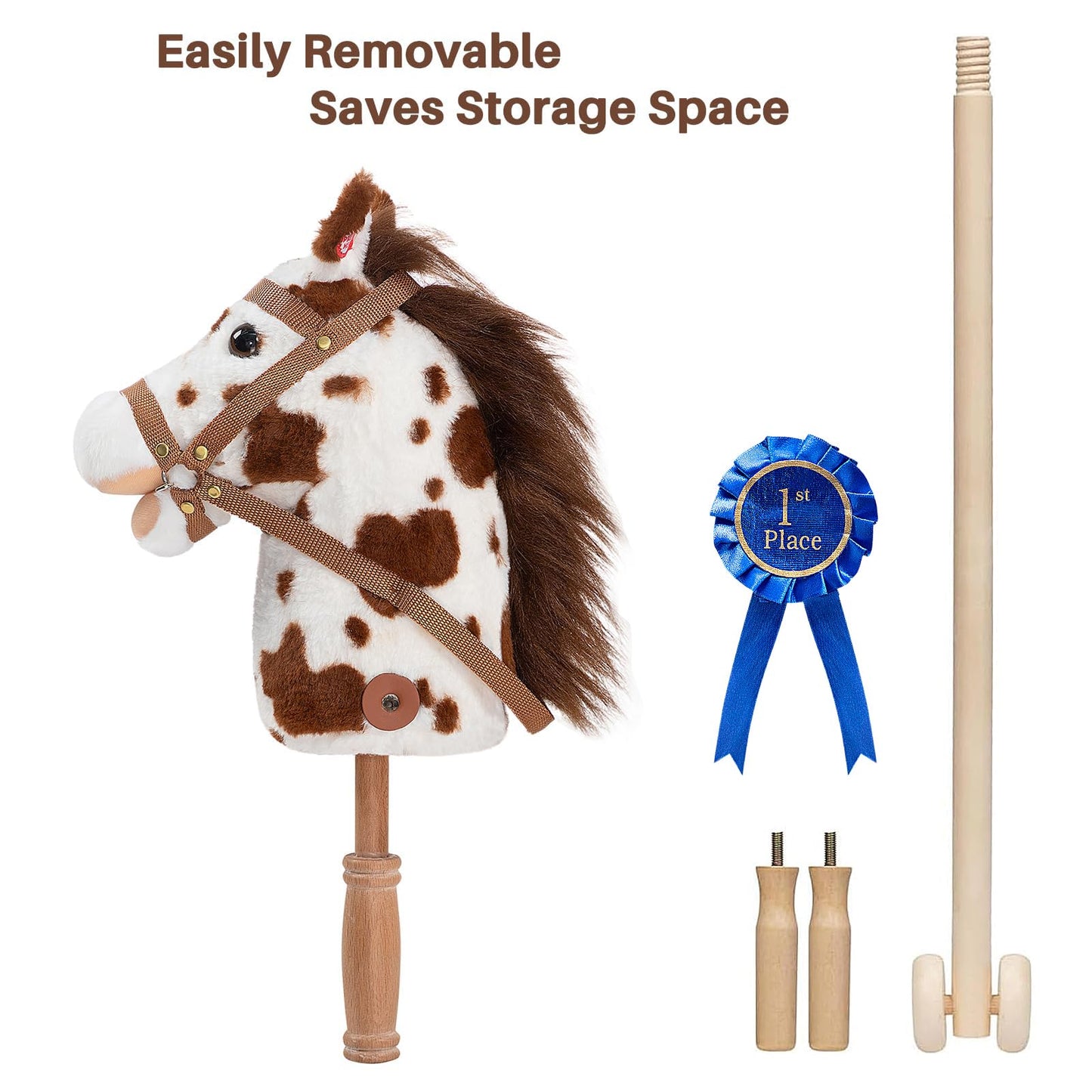 HollyHOME Stick Horse Plush with Detachable Blue Ribbon Champion Hobby Horse on Stick with Wood Wheels Real Pony Neighing for Kids Toddlers Appaloosa 36 Inches(AA Batteries Required)