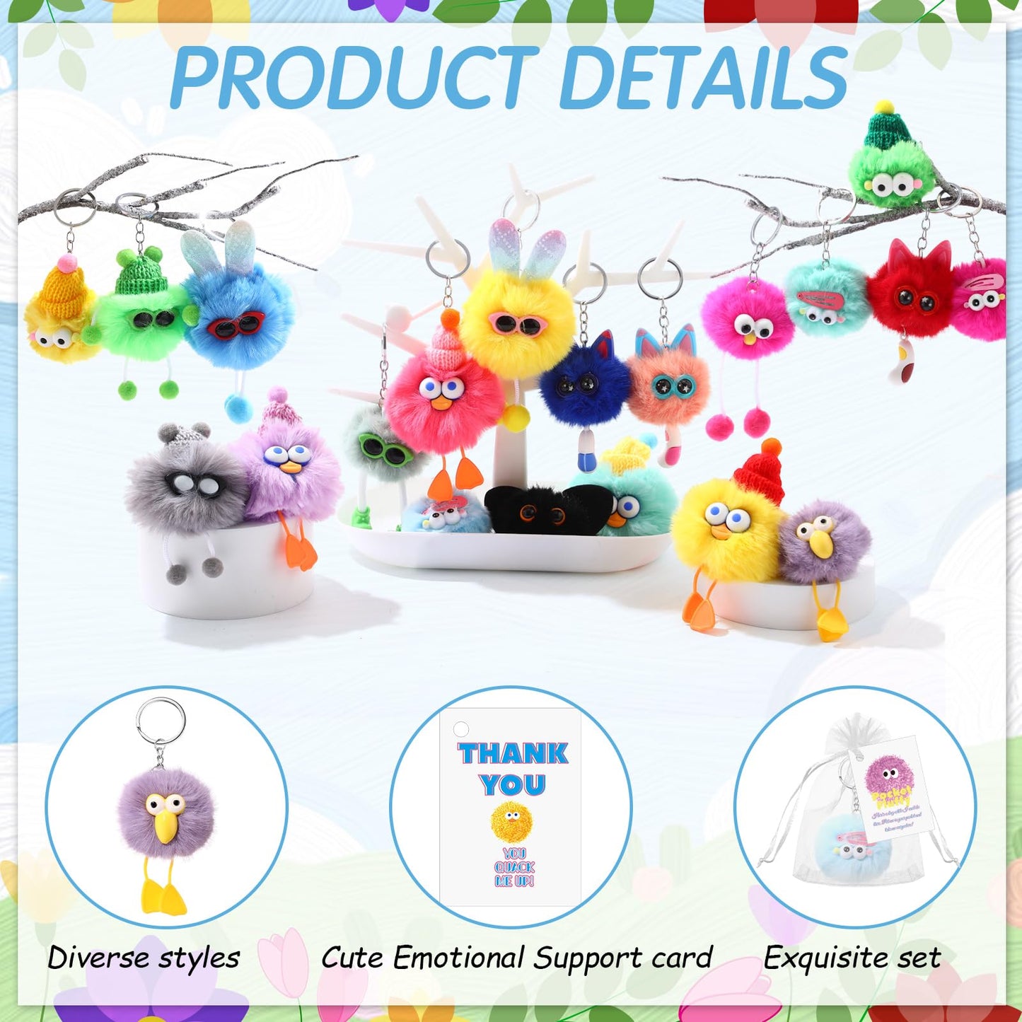 Tasdurian 24 Sets Funny Keychain Coworker Plush Fluffy Pom Pom Keychains Bulk Graduation Thank You Gifts Bulk Employee Gifts Staff Team Inspirational Pun Cards Party Favors Supplies(Stylish Style)