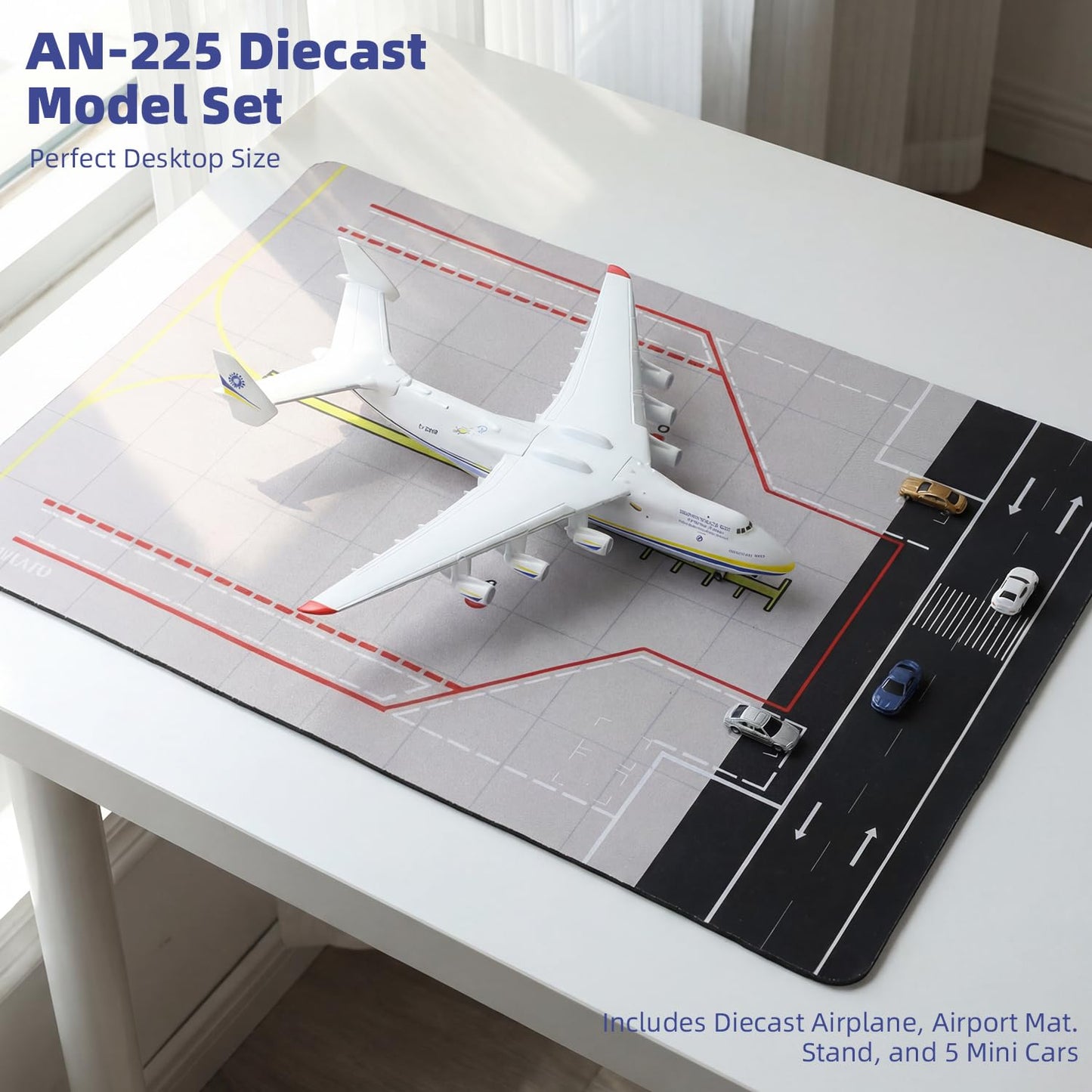 QIYUMOKE 1/400 AN-225 Airplane Model with Rubber Airport Mat and 5 Mini Car, Diecast Metal Antonov 225 Mriya Airplane Model Kits for Adult Decoration Military Aircraft or Gift (Mat: 25×35 cm)