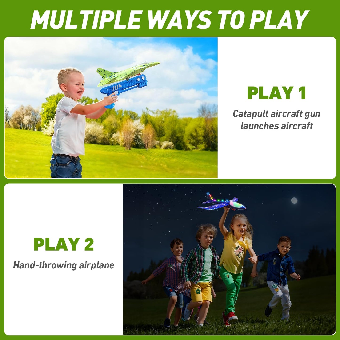 CRILARY 3 Pack Airplane Launcher Toys for Kids, 13.2'' LED Foam F-15 Fighter Jet & Glider, 2 Flight Modes Catapult Plane Outdoor Flying Toy, Easter Birthday Gifts for Boys Girls Ages 4-12