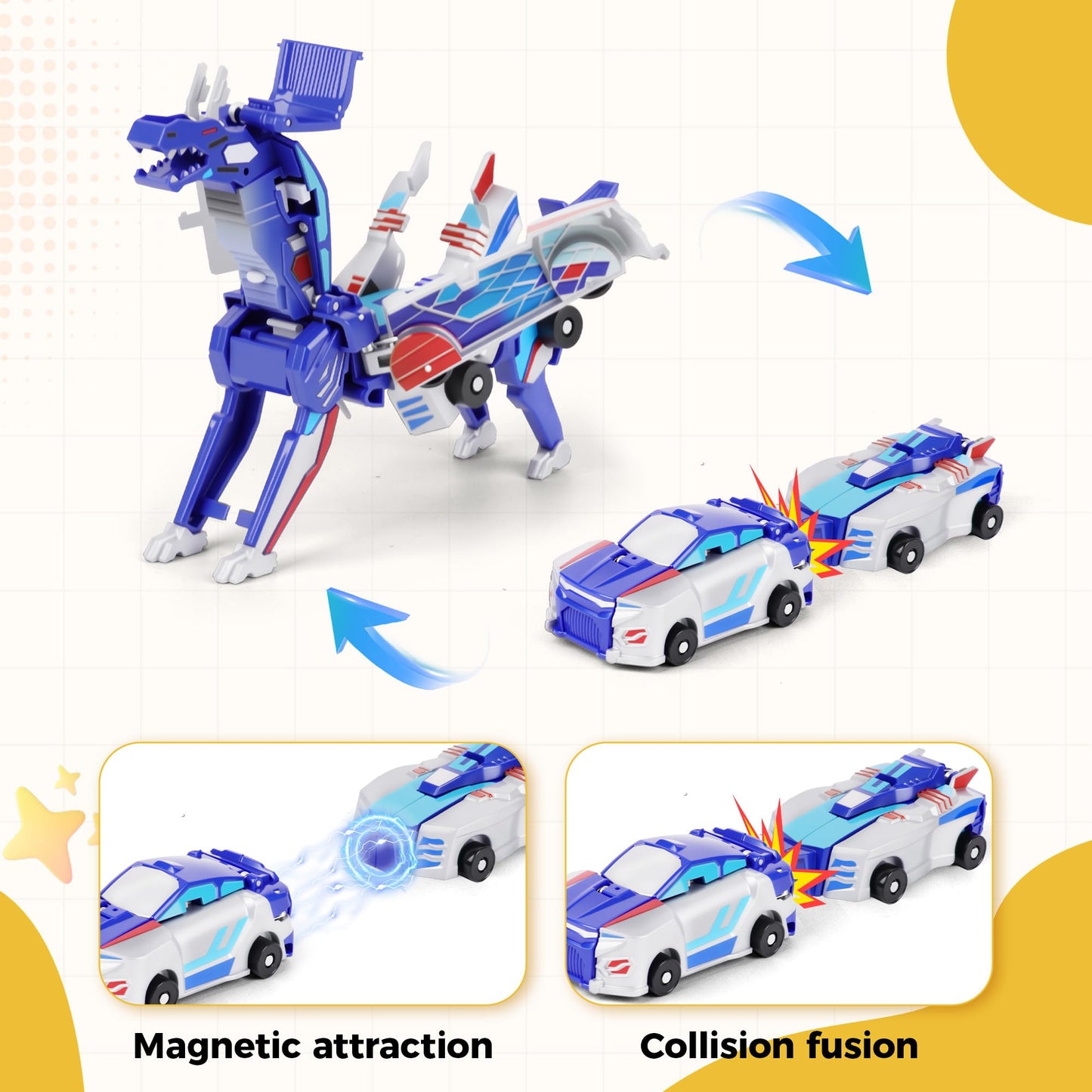 Dahom Collision Transforming Dinosaur Car Toy, 2 Magnetic Cars Transform into Dinosaur Toys for Kids, Boys, Girl, Toddler Fun Deformation Robot Unicorn Car Christmas Birthday Gift Toys (Blue-Dinosaur)