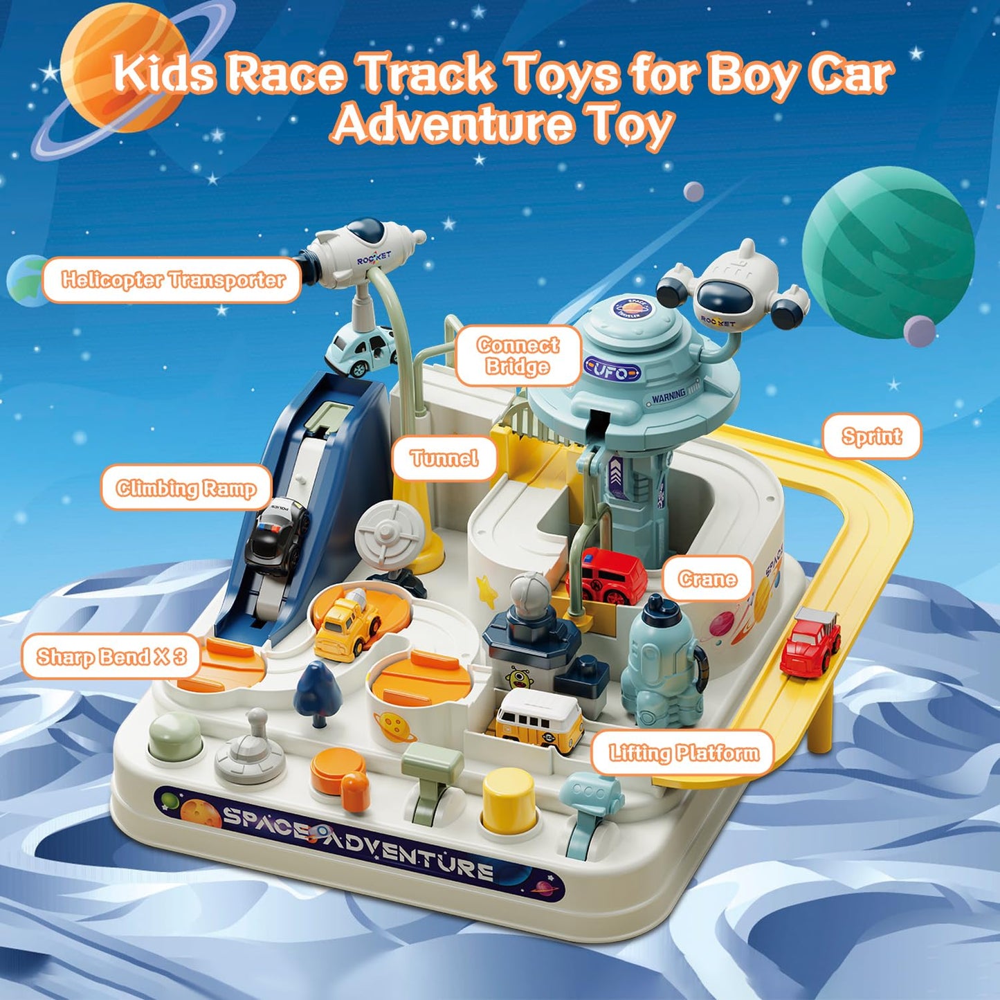 Fistone Kids Race Track Car Adventure Toy for Toddlers, Spaceship Puzzle Rail Track City Rescue Playset with 4 Mini Cars, Preschool Educational Car Games Toys for Boys Age 3+