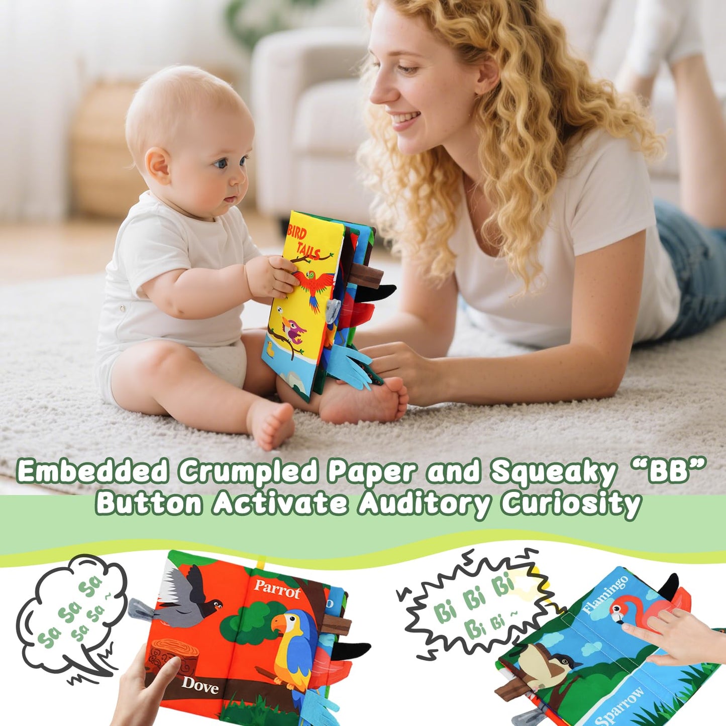 ArtCredit Baby Books Toys 0-12 Months with Teether,Tummy Time Crinkle Sensory Toys,High Contrast Touch & Feel Soft Book, Early Learning Infant Toys,Shower Gift for Boys Girls (Flying Animals)