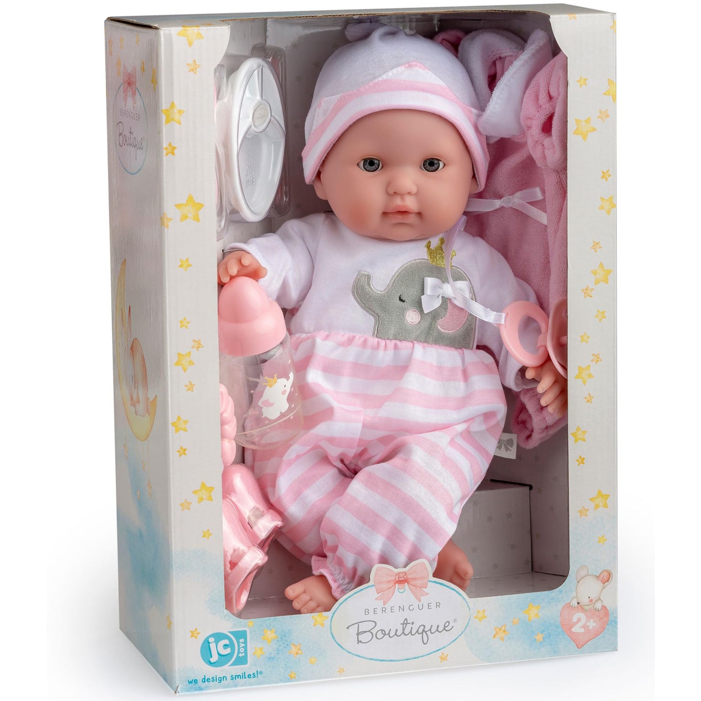 15" Realistic Soft Body Baby Doll with Open/Close Eyes | JC Toys - Berenguer Boutique | 10 Piece Gift Set with Bottle, Rattle, Pacifier & Accessories | Pink | Ages 2+