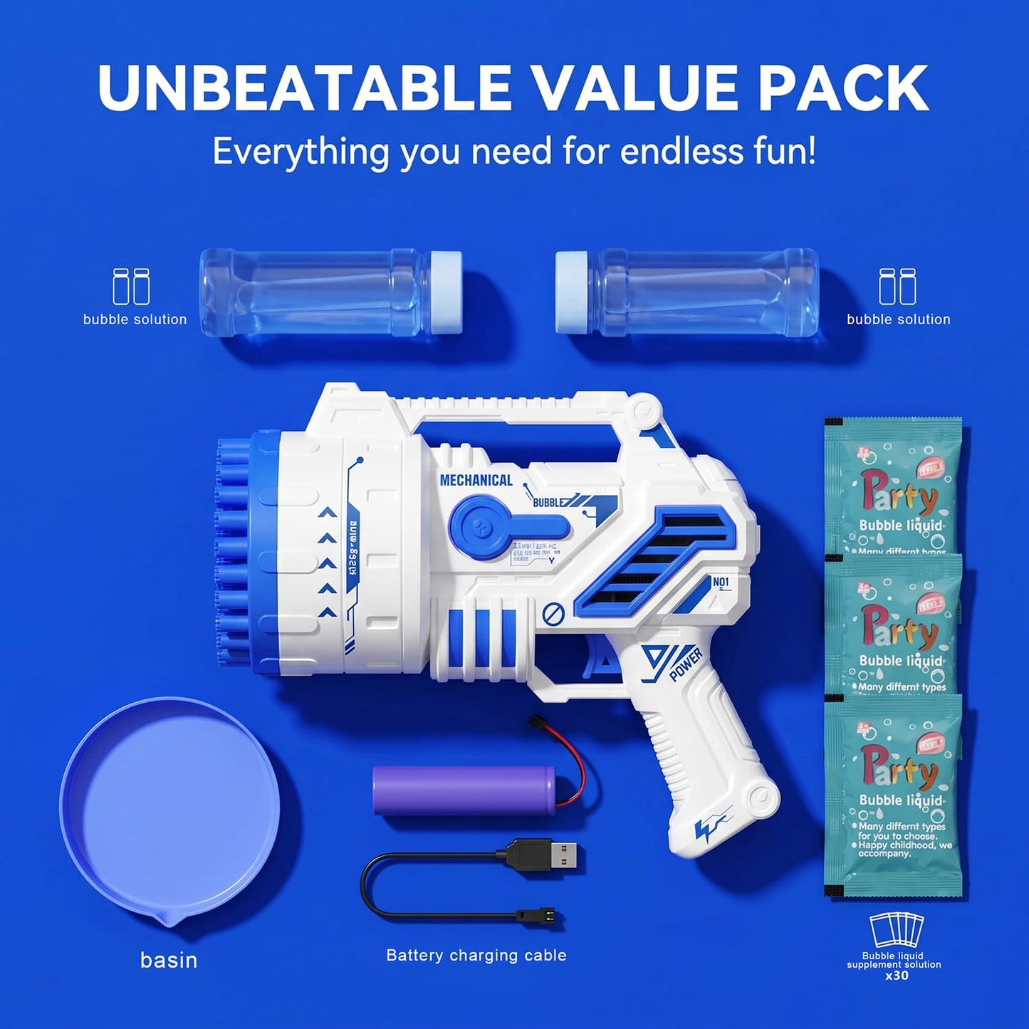 Bubble Gun for Kids, 69-Hole Bubble Machine with LED Lights, 69 Hole Bubble Blaster Blower, for Ages 3+, Summer, Birthday, Party Wedding Outdoor (Blue)