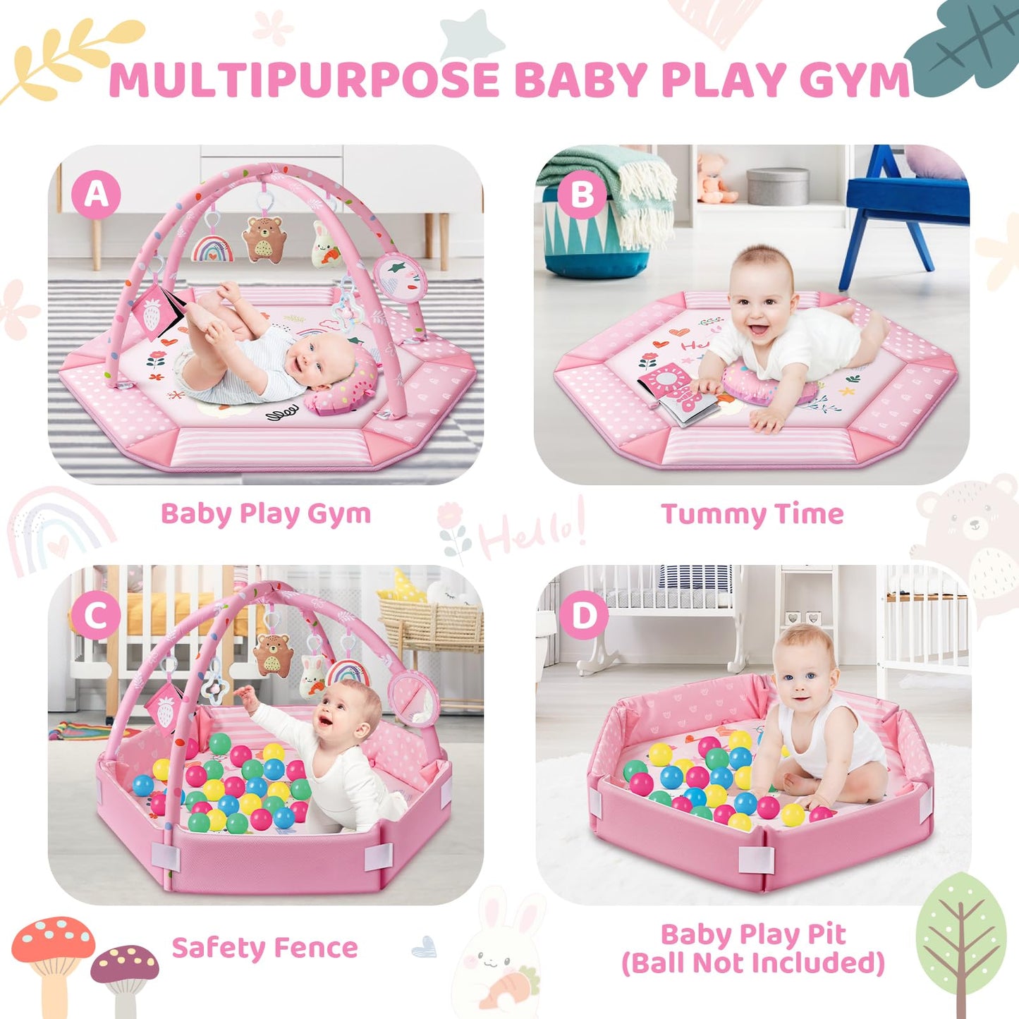 Baby Gym Play Mat, 8-in-1 Tummy Time Mat & Ball Pit with 6 Toys, Washable Baby Activity Mat for Visual, Hearing, Sensory, Motor Development, Babies Gift for Newborn Infant 0-3-6-9-12 Months (Pink)