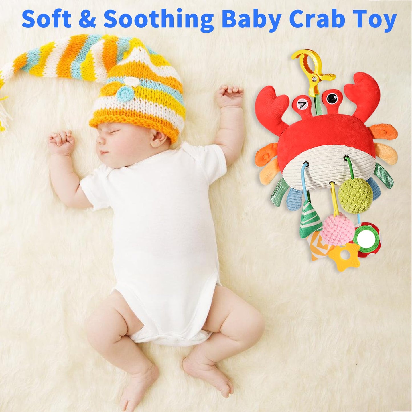 Ivrmtal Car Seat Toys for Babies, Crab Baby Toys 0-6 Months Infant Carseat Hanging Stroller Accessories Sensory Newborn Easter Gift 1 2 3 4 5 6 Month Old Boy Essentials Stuff with Clip, Rattle, Mirror