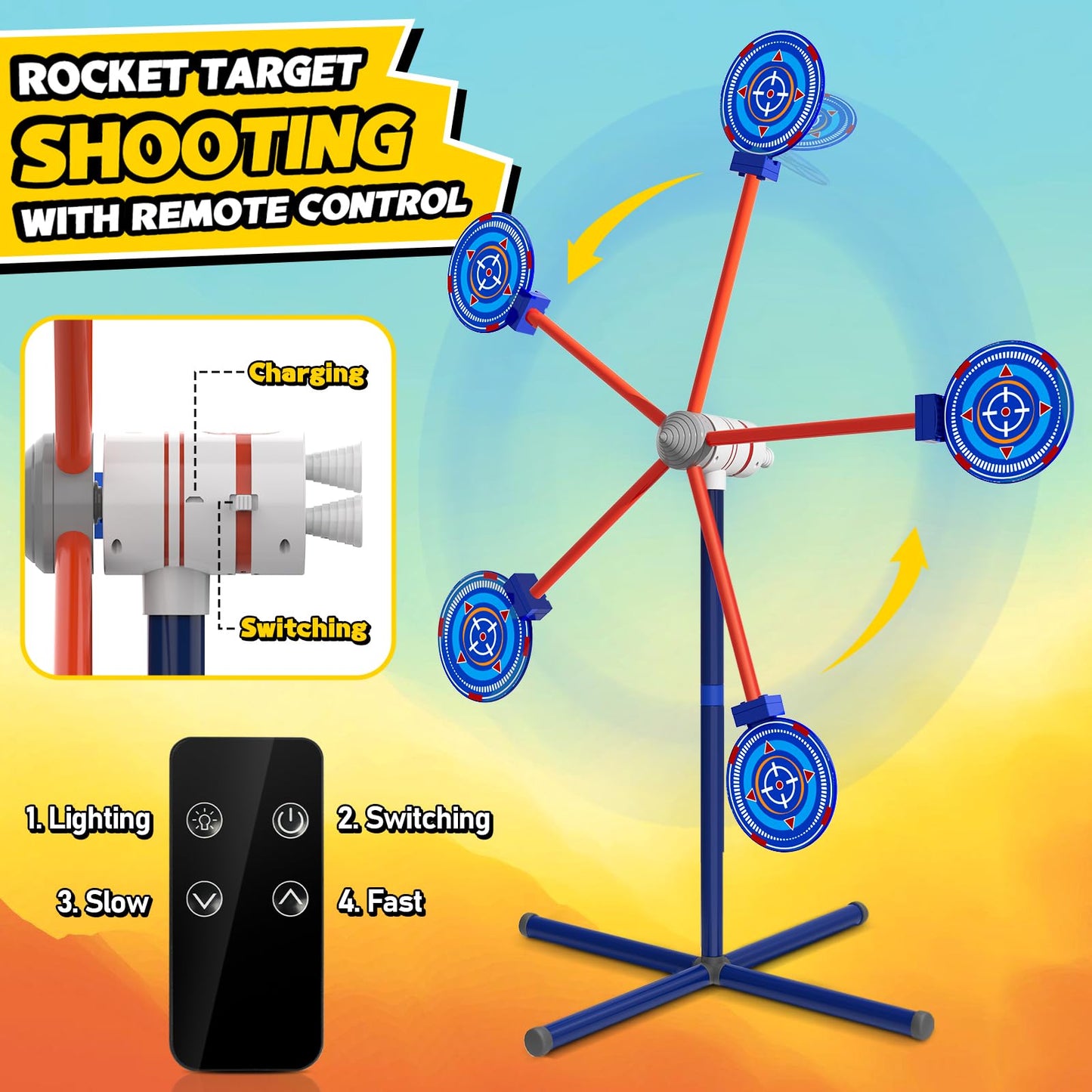 Rocket Shooting Games Toys with Rotating Target 2 Toy Guns 20 Foam Darts Kids Outdoor Toys for Boys Age 5 6 7 8 9 10+ Year Old Carnival Games Compatible with Nerf Guns