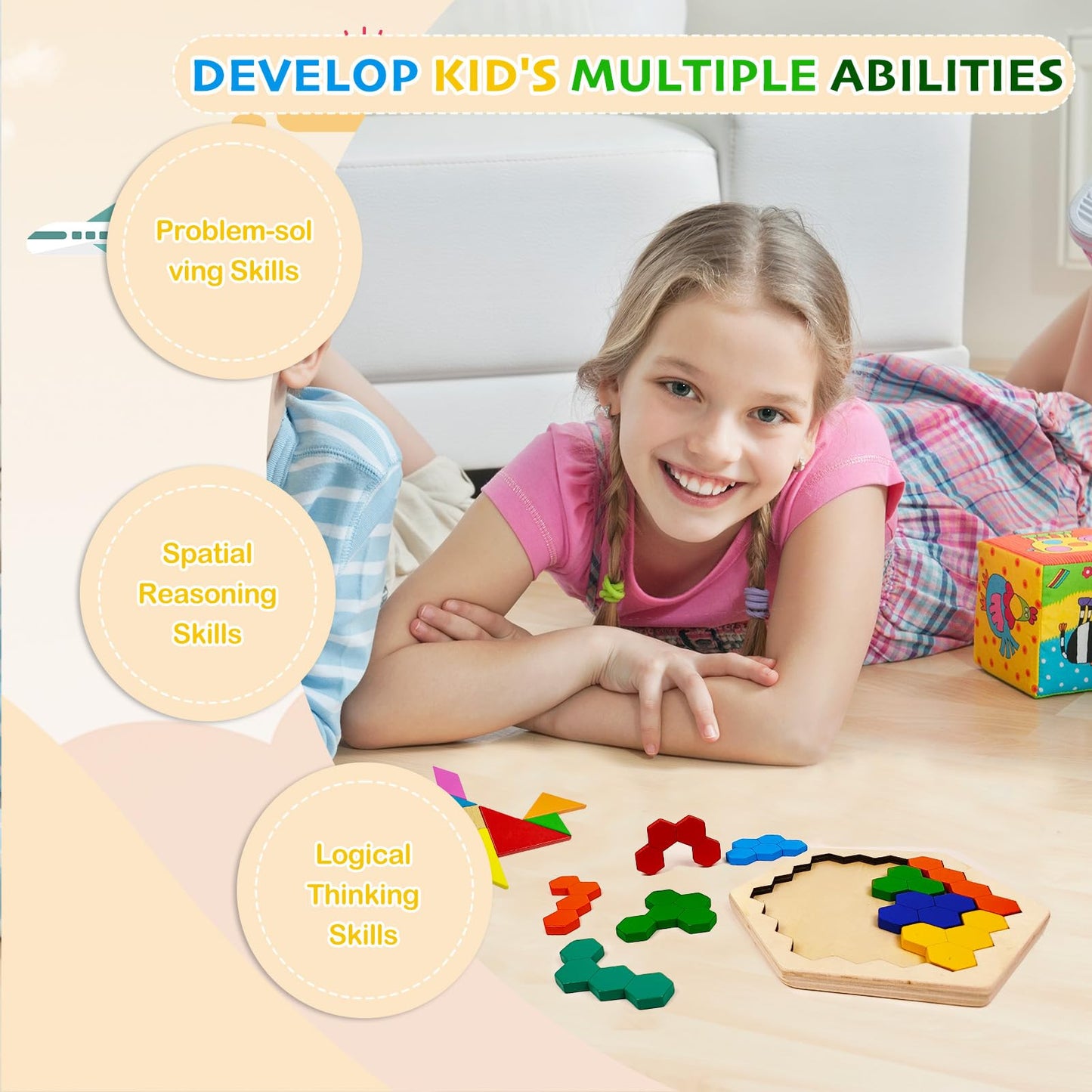 YUQILIN 6 PCS Wooden Tangrams Puzzles for Kids, Wooden Hexagon Toddlers Puzzles Block Geometric Brain Teaser Wood Puzzle Tangram Logic IQ Toy Gifts for All Ages Boys Girls Adults Intelligence