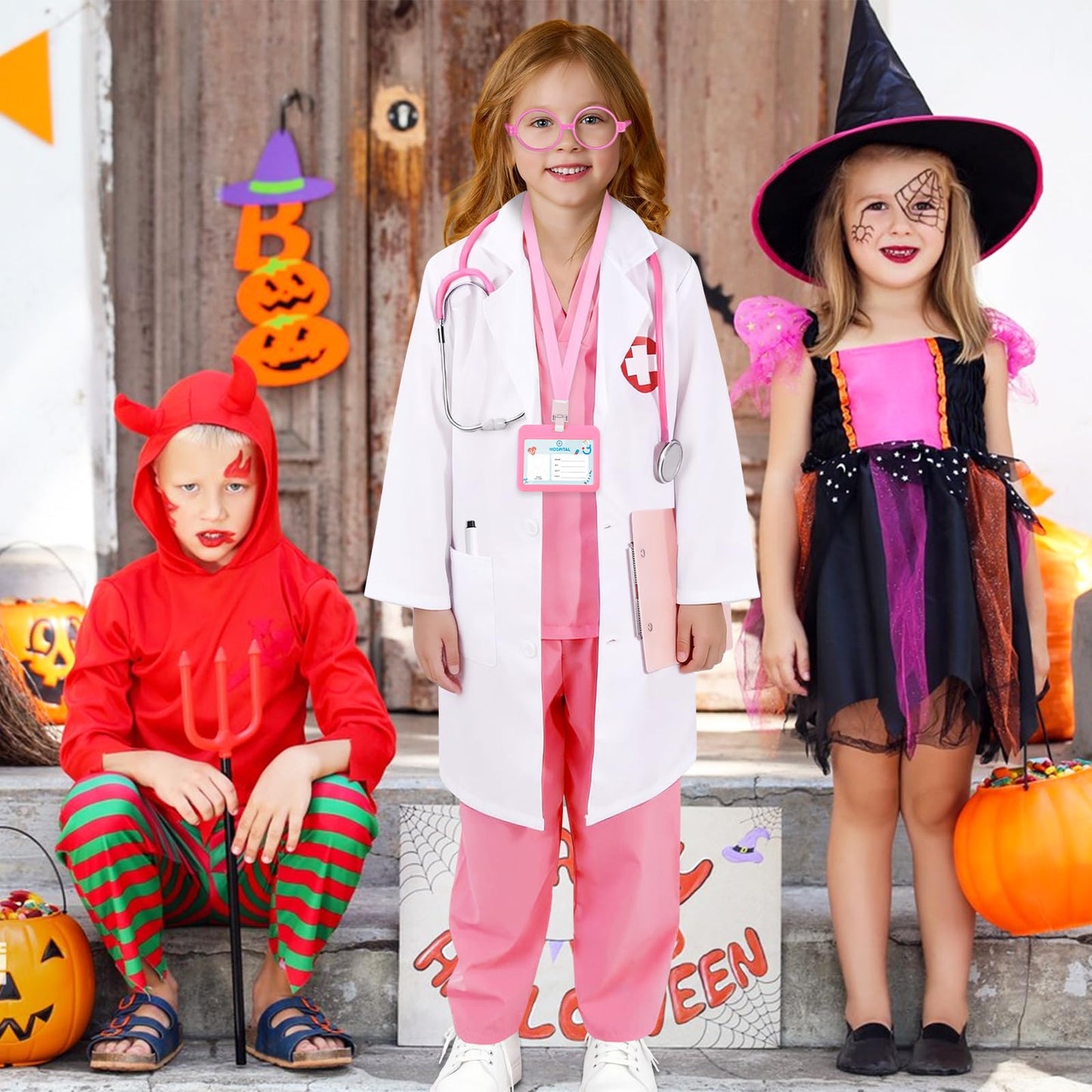 Wuclad 12 PCS Doctor Costume for Kids,Scrubs with White Lab Coat/Nurse Costume for Kids Set,Career Day Costume for Boys Girls (Pink, 5-6 Years)