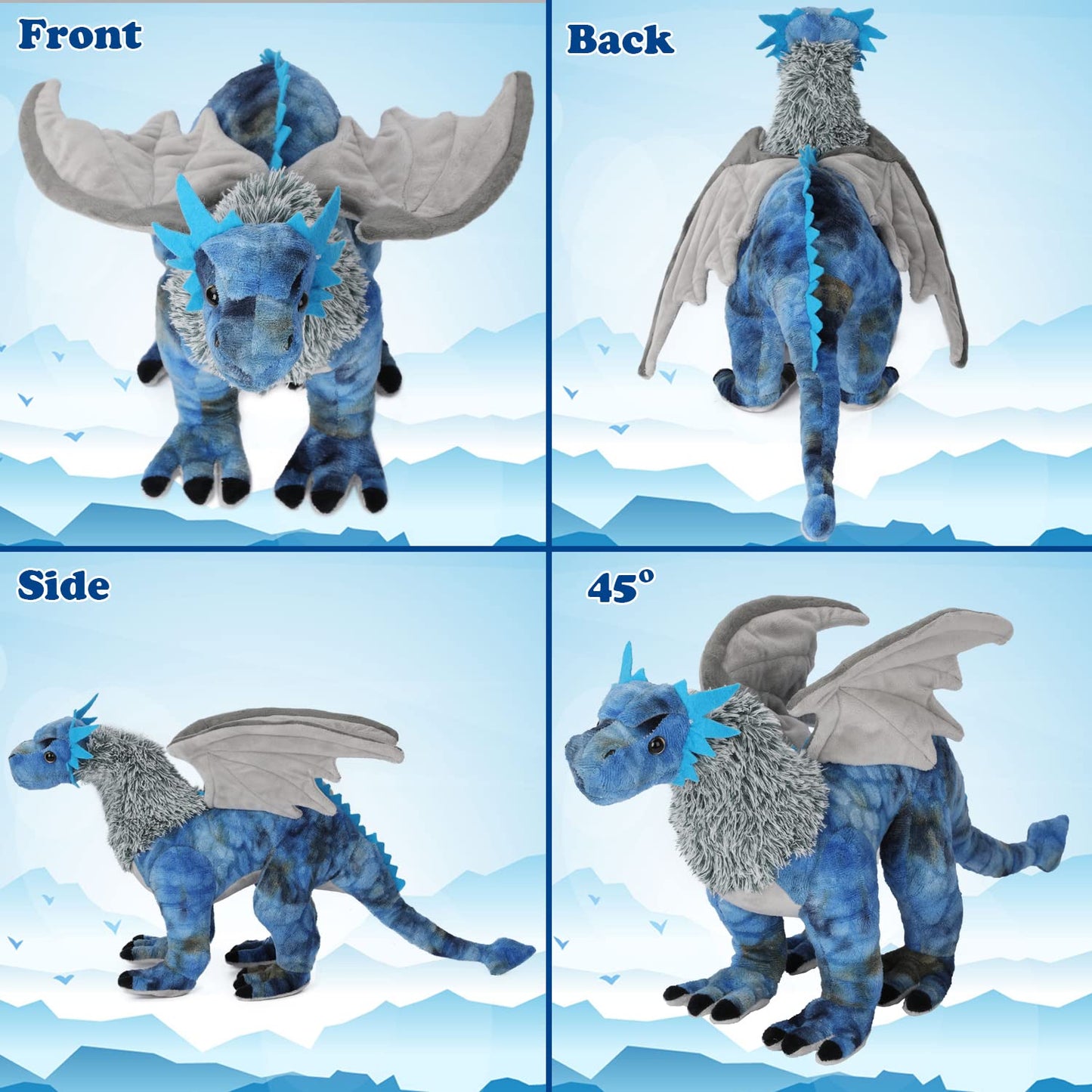 AULUDA Dragon Plush Toy, Frost Wyrm Stuffed Animal Throw Plushie Pillow Doll, Soft Blue Fluffy Friend Hugging Cushion - Present for Every Age & Occasion