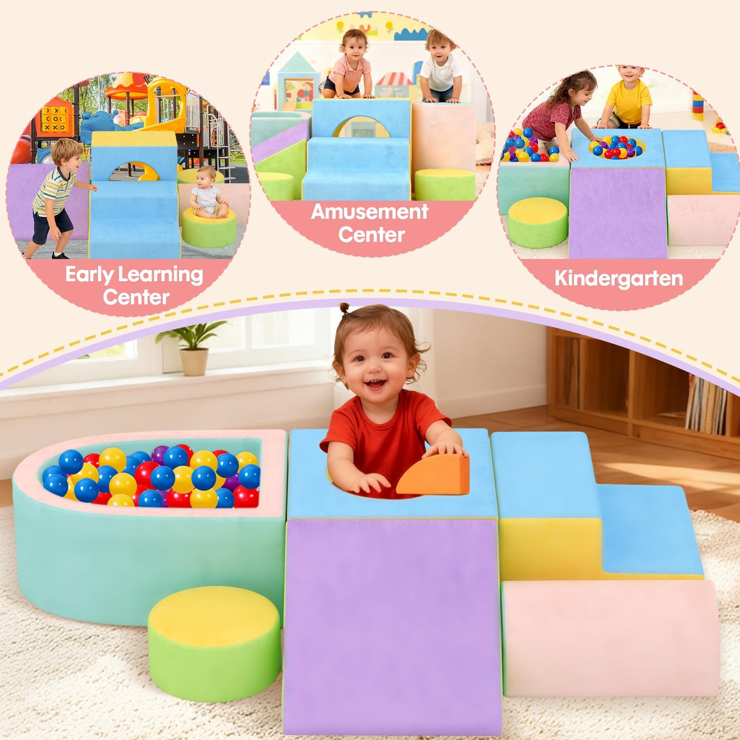 JUOIFIP Toddler Climbing Toys Indoor, 6-Piece Baby Foam Climbing Blocks with Ball Pit, Colourful Soft Play Set for Toddlers 1-3 Years Old, Kids' Indoor Climbers & Play Structures (Balls not Included)