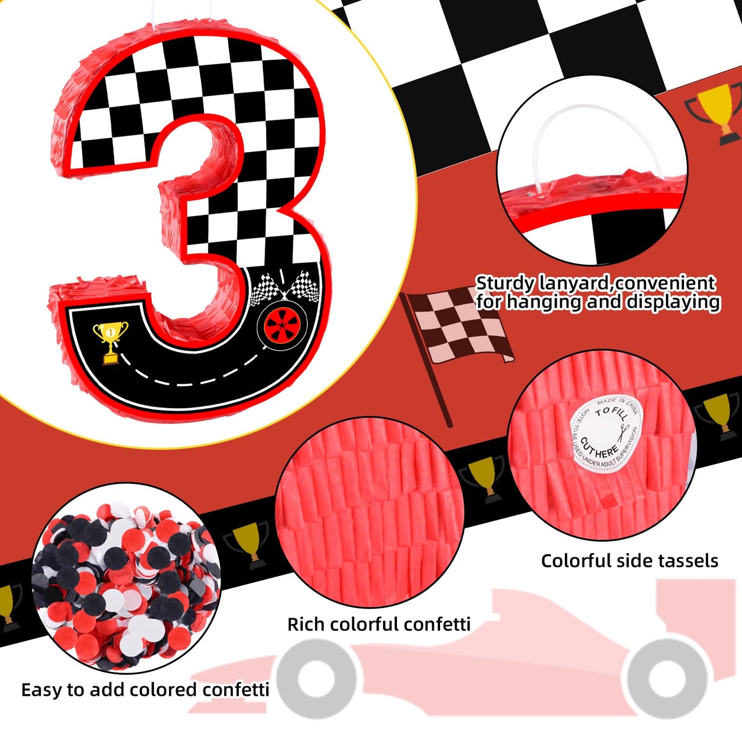 16 Inch Number 3 Race Car Pinata with 16 Inch Piñata Stick Blindfold Confetti for Boy Girl Kids 3rd Birthday Party Decorations(3rd)