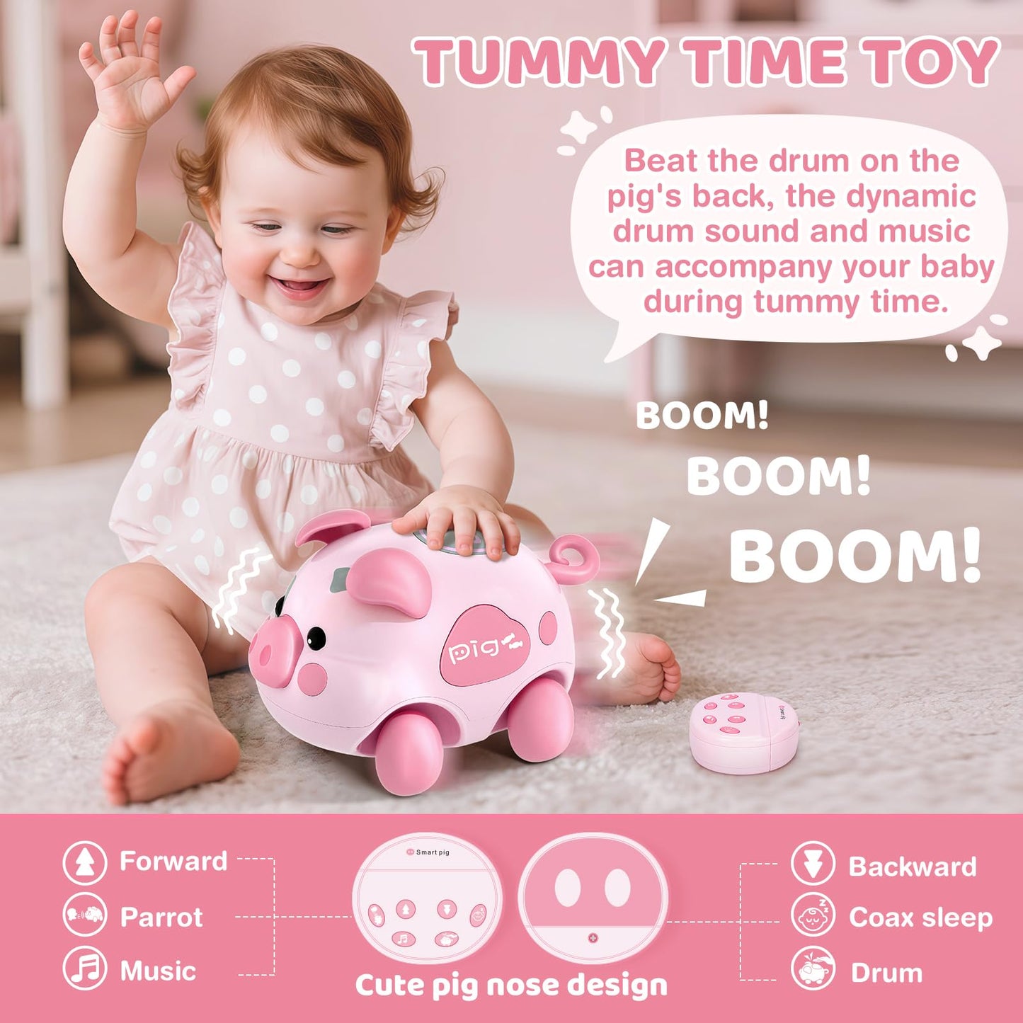 Baby Musical Toys for 6-12-18 Months, Musical Piggy Toys for Toddler 1 Year Old Baby Girl, Infant Crawling Light up Music Toys for Tummy Time Development, 1st Birthday Gift for Boy 7 8 9 10+ Month