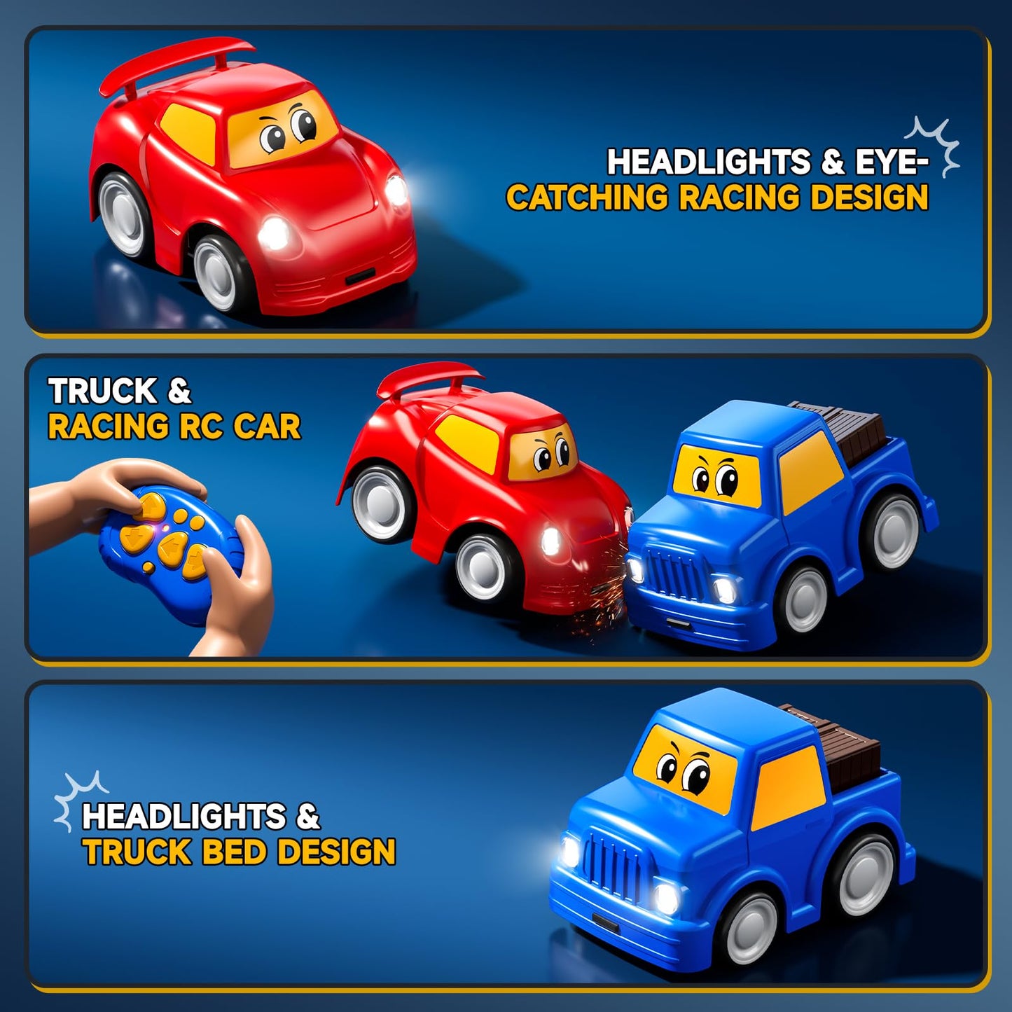 DULONIME Remote Control Car 2 Year Old, Toddler RC Cars Ages 2-4 Boy, 2-Pack 2.4 GHz Truck and Race Car with Sound and Light, Easy Electrical Remote Control Toy Gifts for Boys Girls 3 4 5+ Year Old