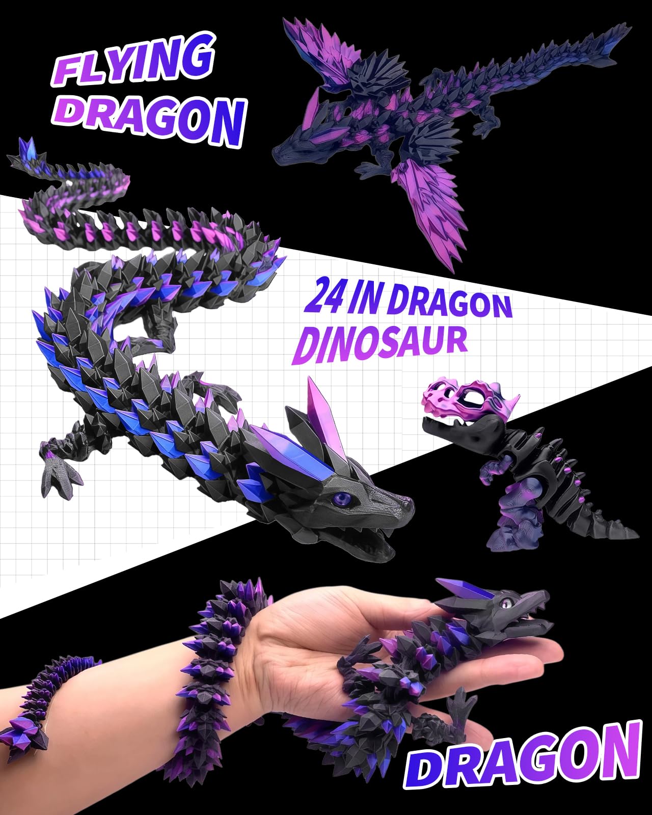 TJYZGXQ 4 Pcs 24in 3D Printed Dragon，Large Fidget Toy，Flying Dragon，Dinosaur，Cool Large Crystal 3D Printed Animals，Desk Toy，6-8 8-12 Gifts for Boys，Teen，Girl，Adult Gift Easter Basket Stuffers