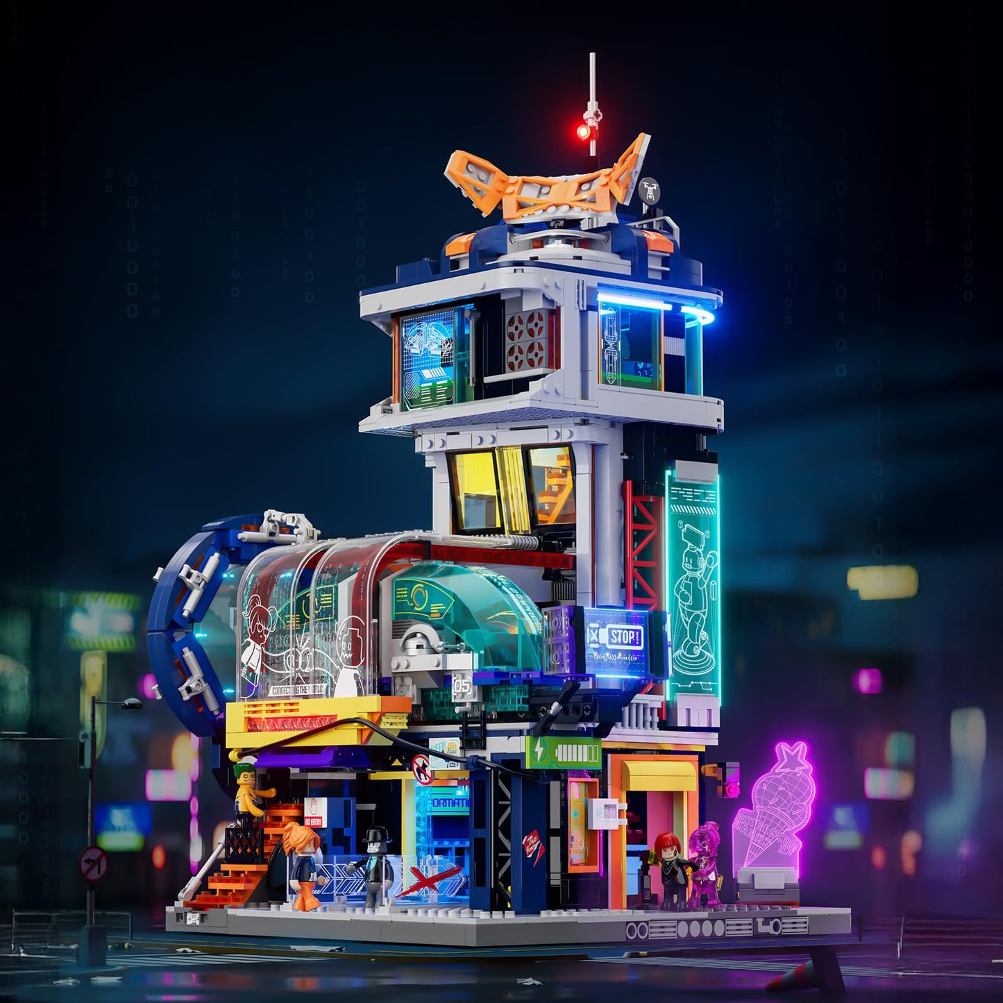 Lumibricks Cyberpunk Floating-Train-Station Lighting-Building-Bricks Set - Cyberpunk City Future Levitation Train Station Street View Collection LED Light Model 2760 Pcs for Adults and Sci-fi Lovers