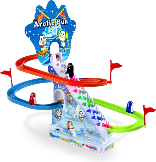 Arctic Fun Penguin Slide Toy Set: Playful Stair Climbing Penguins with Sliding Tracks, Music On/Off Switch for Quiet Play | Interactive Penguin Toy for Kids Toddlers Boys & Girls