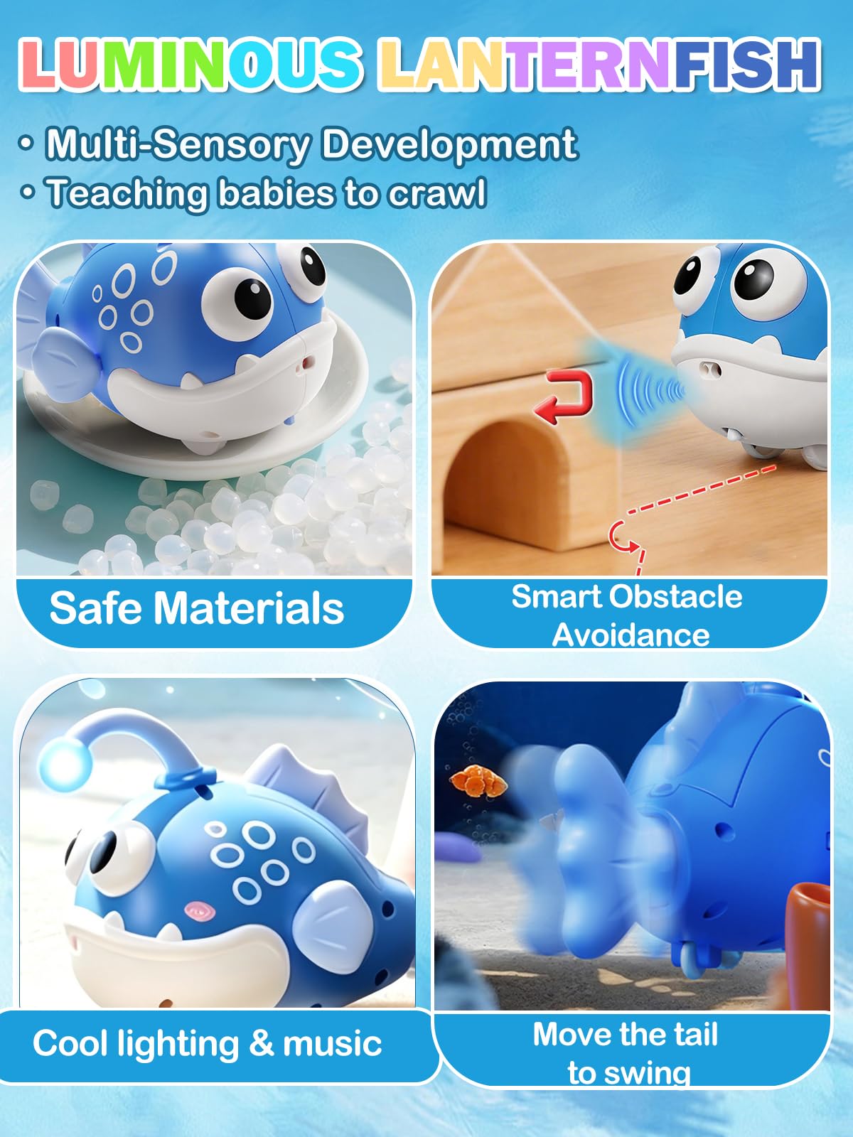 vexitemet Baby Crawling Toy Lantern Fish, Infant Tummy Time Toys & Musical Light Up 60 Songs, Early Development Toy for Infants and Toddlers 6-18 Months(Blue)