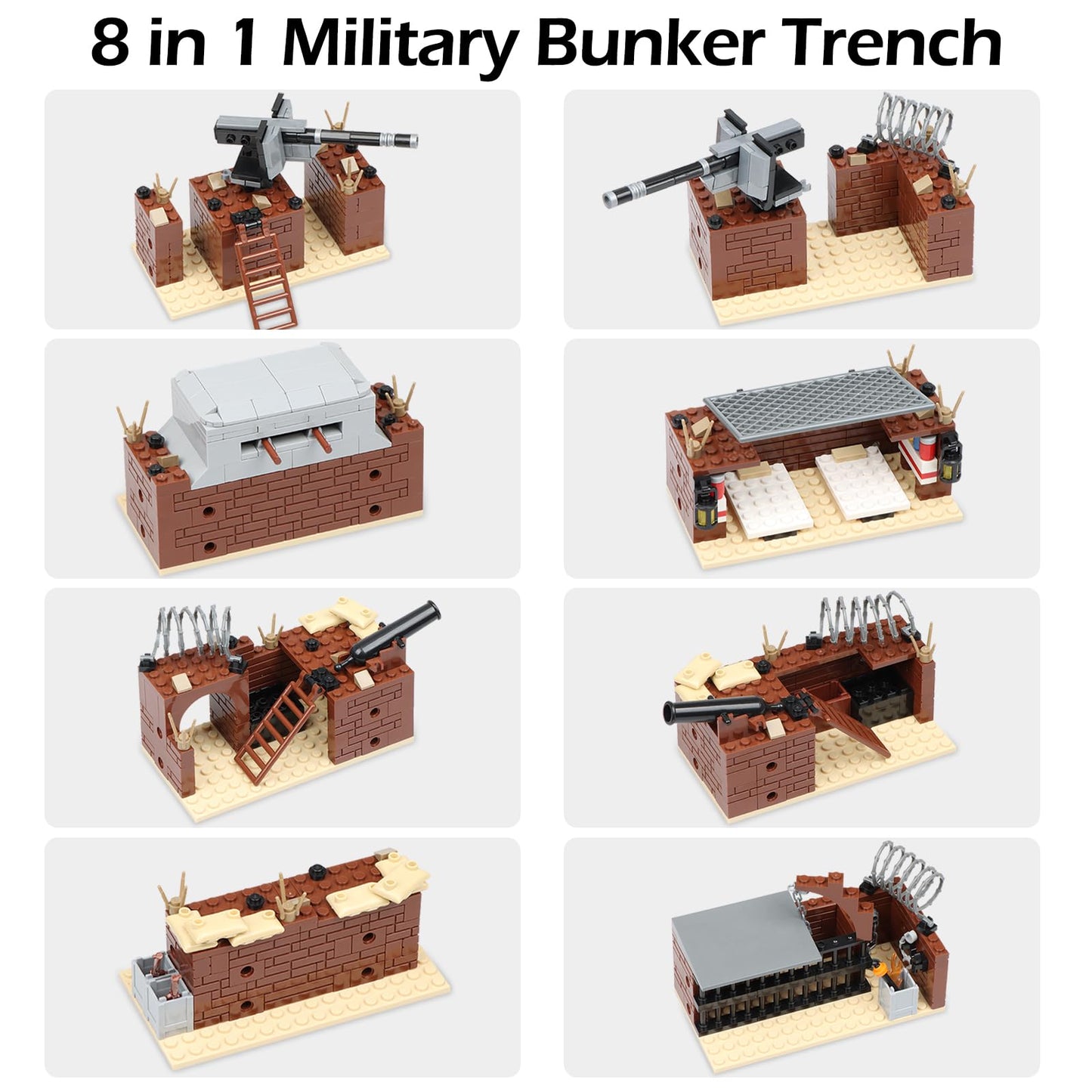 Finger Rock WW2 Military Base Bunker Trench Building Set, 8 in 1 Army Battle Scenes with Fortresses, Anti-Aircraft Guns, Treatment Room and Penitentiary, Idea Gifts for Teens Adults 14+ (833pcs)