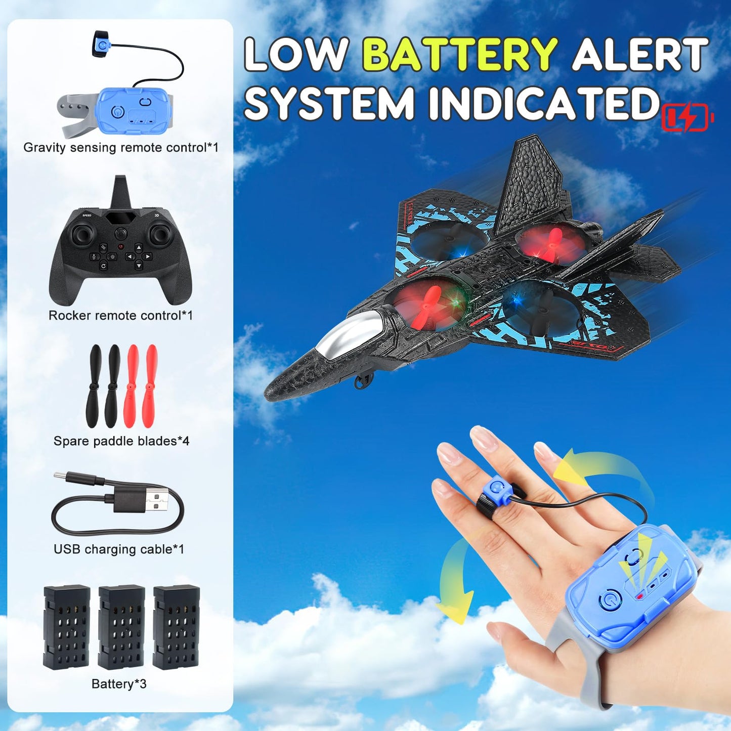 RC Plane Remote Control Airplane Toy 2025 New Remote Control Plane Fighter Jet 2-Way Remote Control Methods (Normal+Watch), 360° Flip Fighter Jet Toy, Gravity Sensing, Stunt Roll, Gifts for Kids Boys