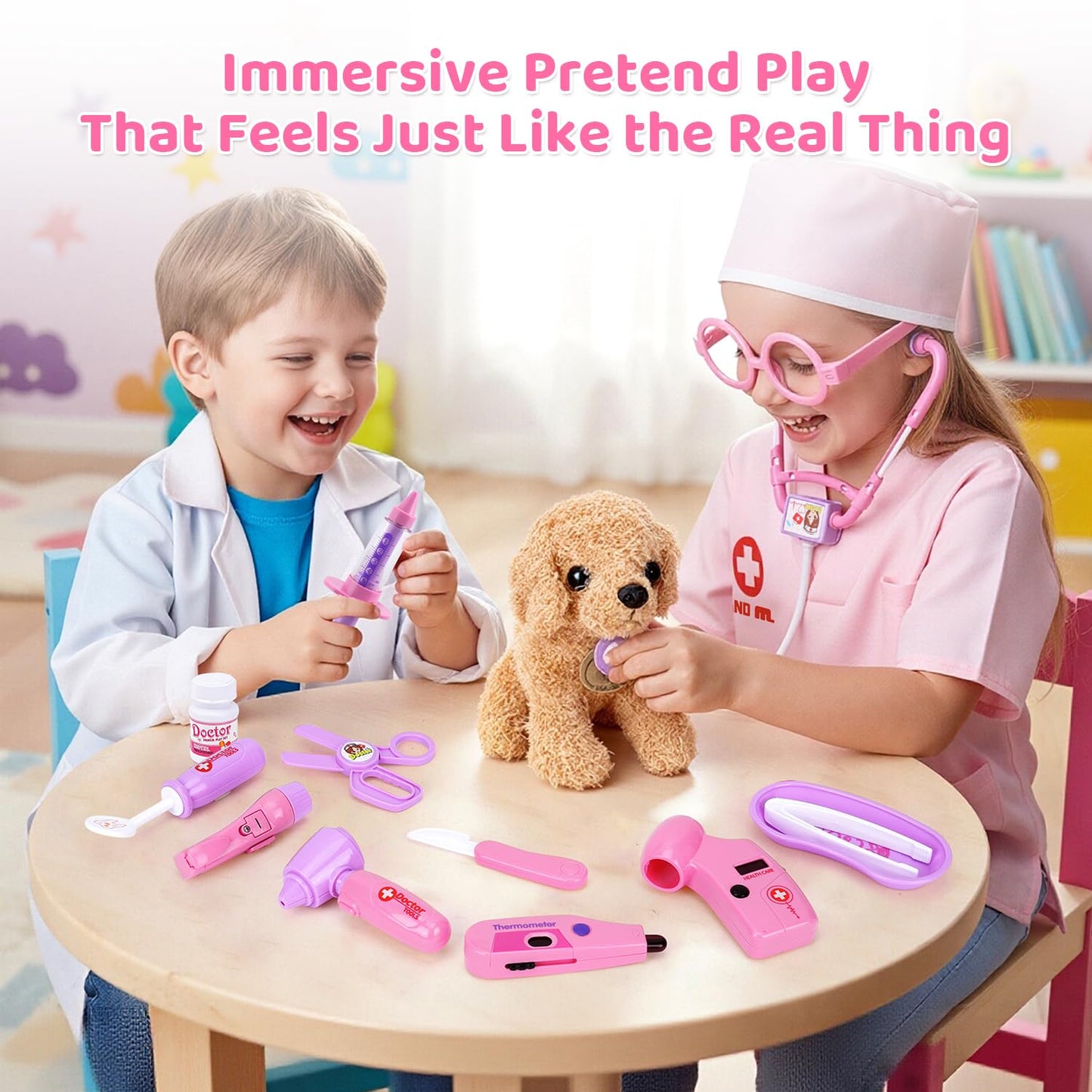 Meland Toy Doctor Kit for Girls, Pretend Play Toy Doctor Set with Dog , Carrying Bag, Stethoscope & Dress Up Costume Gift for Kids Toddlers Ages 3 4 5 6 Year Old for Role Play