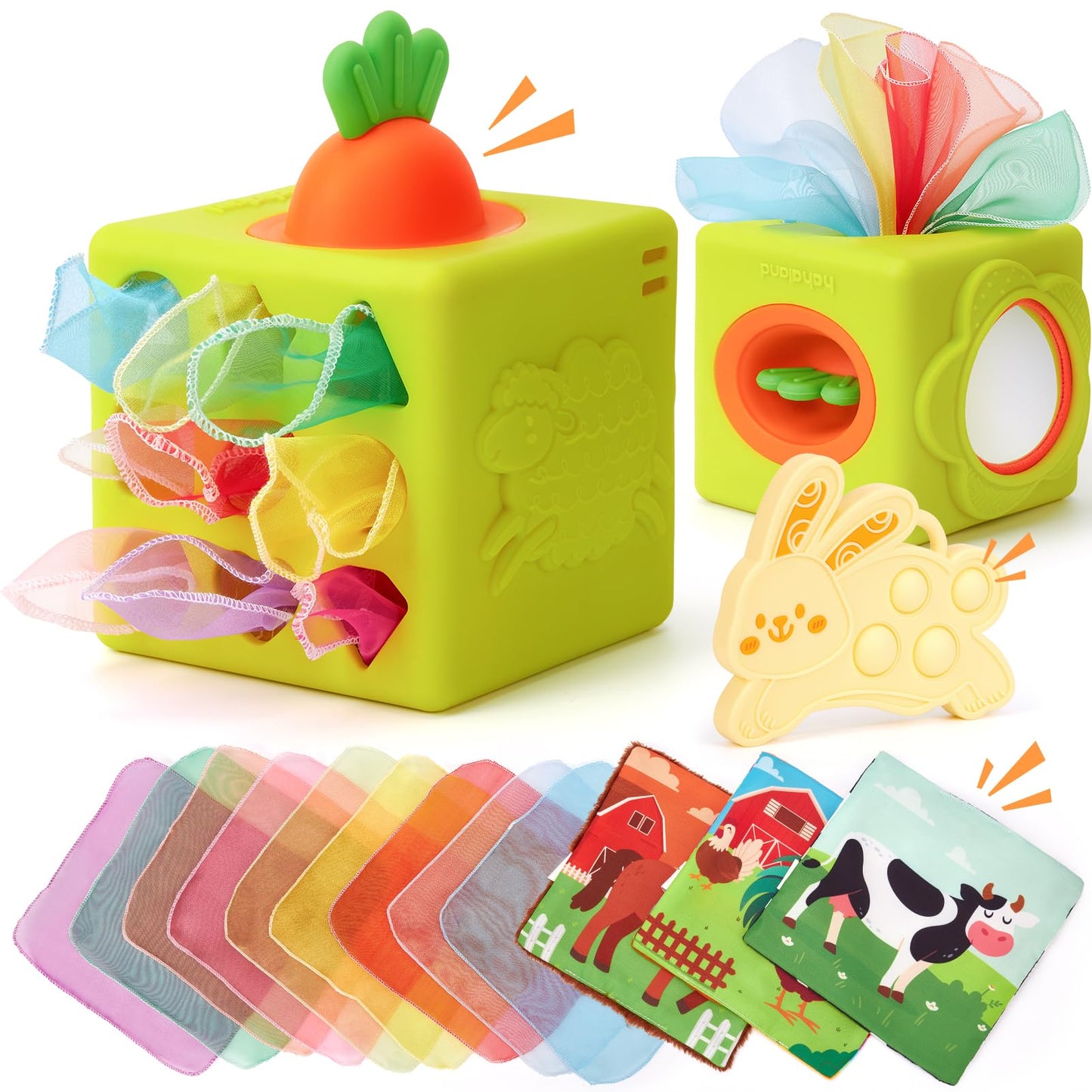 hahaland Baby Toys 6-12 Months - 13 PCS Whats Inside Box Surprise Developmental Toy and Silicone Baby Tissue Box Toy, Montessori Toys for 6 Month Old Gifts