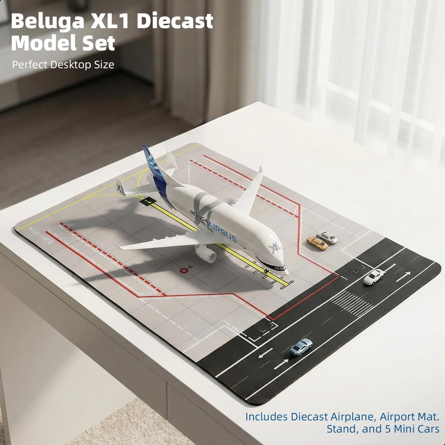 QIYUMOKE 1/300 Compatible for Beluga XL Airplane Model with Rubber Airport Mat and 5 Cars, Airbus A330 Diecast Metal Airplane Model Kits for Adult Display Decorations (Mat: 25×35 cm)
