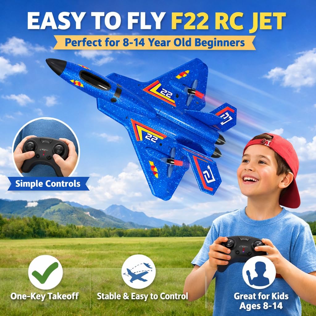 ANTSIR Remote Control Plane F-22 Raptor, 2.4GHz Durable Foam Rc Airplane with Smart Gyro/LED Lights/3 Rechargeable Batteries, RC Jet Glider Toy Gift for Kids Boys Girls 8-16 Year Old (Blue)