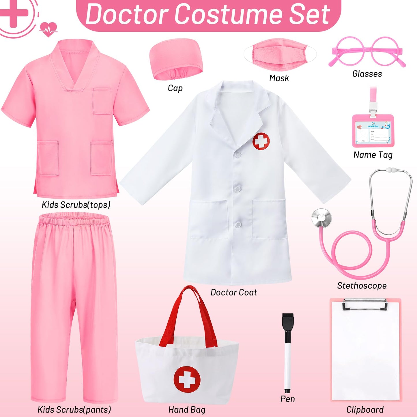 Wuclad 12 PCS Doctor Costume for Kids,Scrubs with White Lab Coat/Nurse Costume for Kids Set,Career Day Costume for Boys Girls (Pink, 5-6 Years)