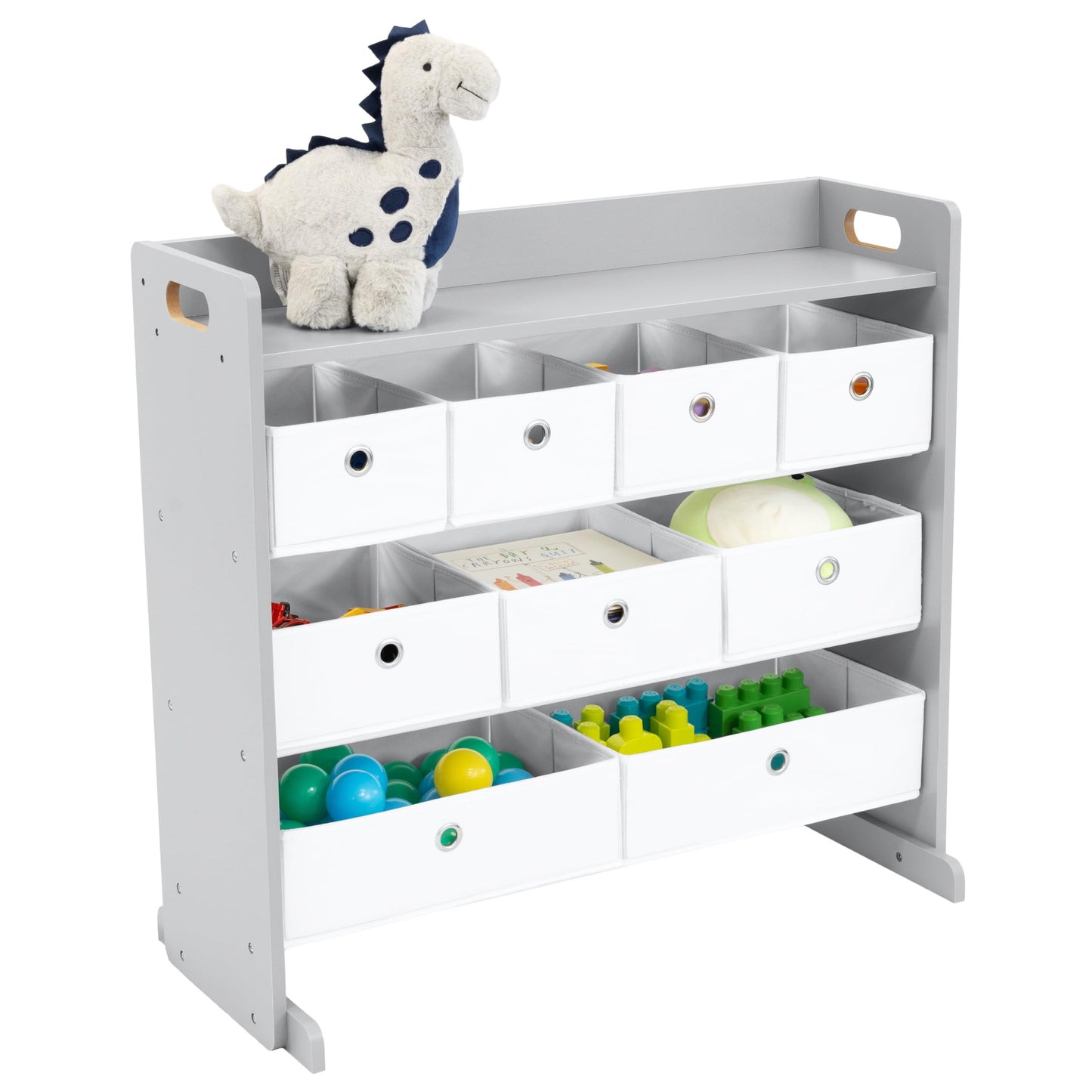 Humble Crew Toy Storage Organizer with Top Shelf and 9 Fabric Bins, Grey/White – Toddler Bookshelf with Toy Organizer - Modern Toy Rack Ideal for Kids' Rooms, Playrooms, and Nurseries
