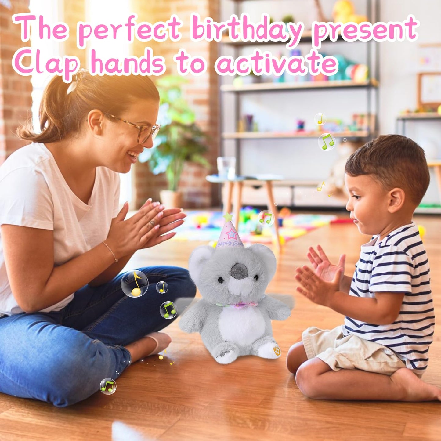 LLUKEME Birthday Koala Plush Baby Toys, Clap Activated with Voice Recording, Singing Dancing Interactive Stuffed Animal, Easter Gift for Toddlers, Birthday Party Decor