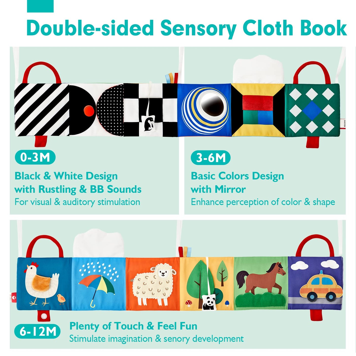 hahaland Baby Toys 0-6 Months - High Contrast Newborn Toys - Baby Tummy Time Books 0-6 Months with Crinkle, Squeaky Sounds, Touch Feel, Visual Stimulation