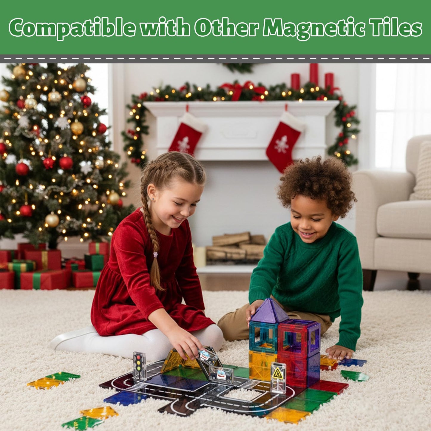 AFUNX Magnetic Tiles Road Expansion Set, STEM Magnetic Building Blocks for Kids Ages 3-5 4-8 5-7, STEM Learning Toys, Safe & Durable Creative Construction Play, Gift for Boys & Girl