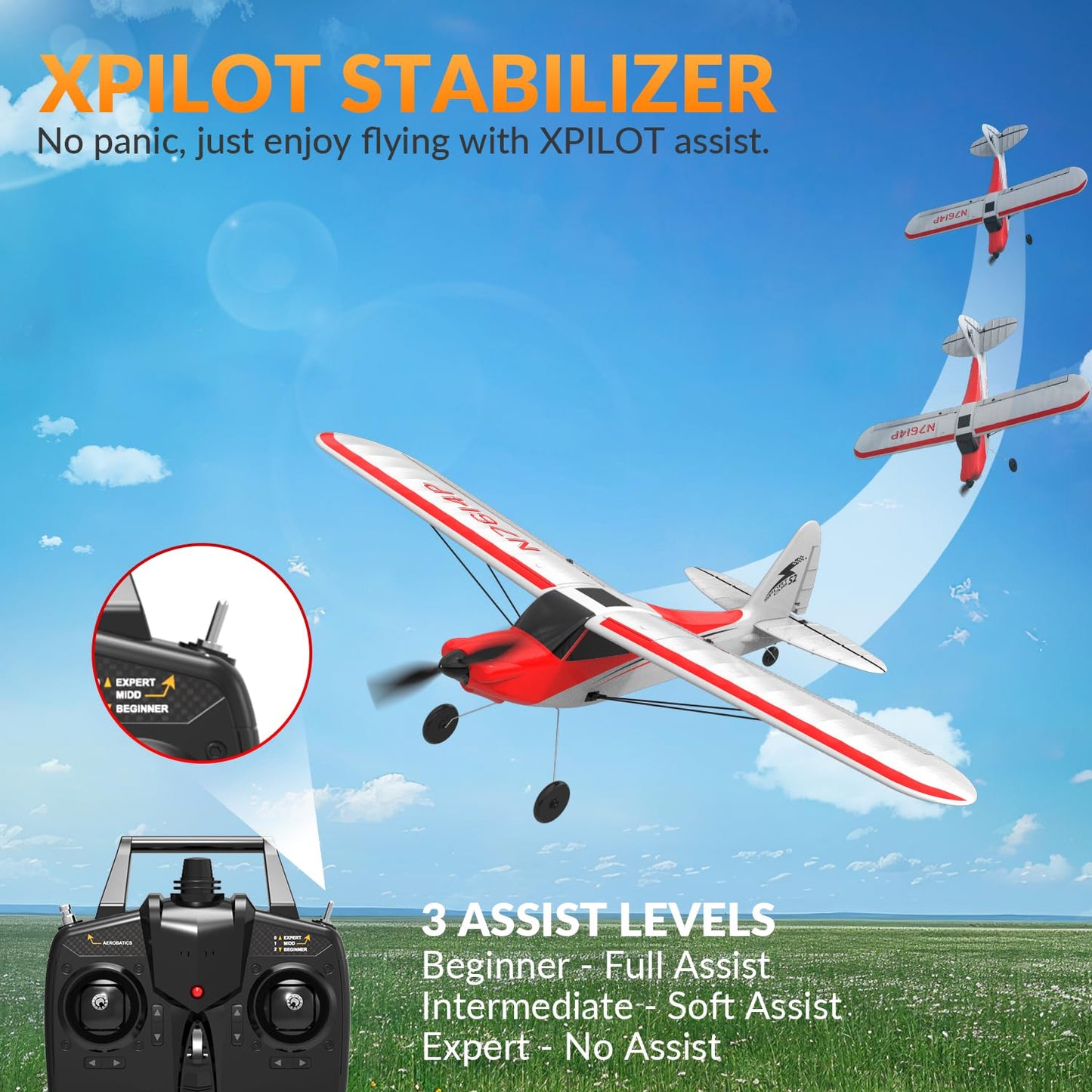 VOLANTEXRC RC Plane Trainer Sport Cub 4CH Remote Control Airplane with Prop Saver, 6-Axis Gyro Stabilizer & 3 Modes to Fly, Radio Controlled Aircraft RTF for Beginners & Adults (500mm,Red)