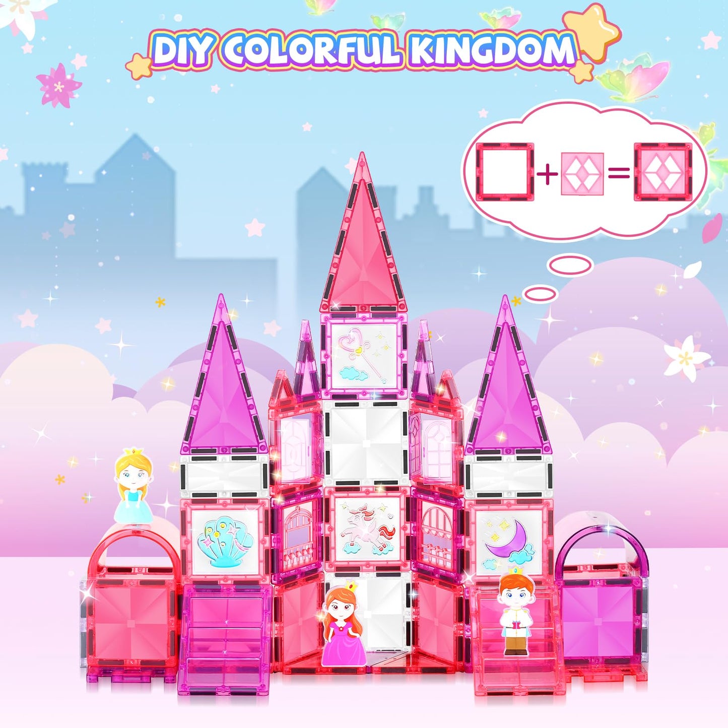 W WISE BLOCK 101PCS Magnetic Blocks Set Including Cars and Accessories, Princess Magnet Building Tiles Sets, Castle Magnet Blocks STEM Toys for Girls Kids Ages 3 4 5 6 7 8 9+ Year Old