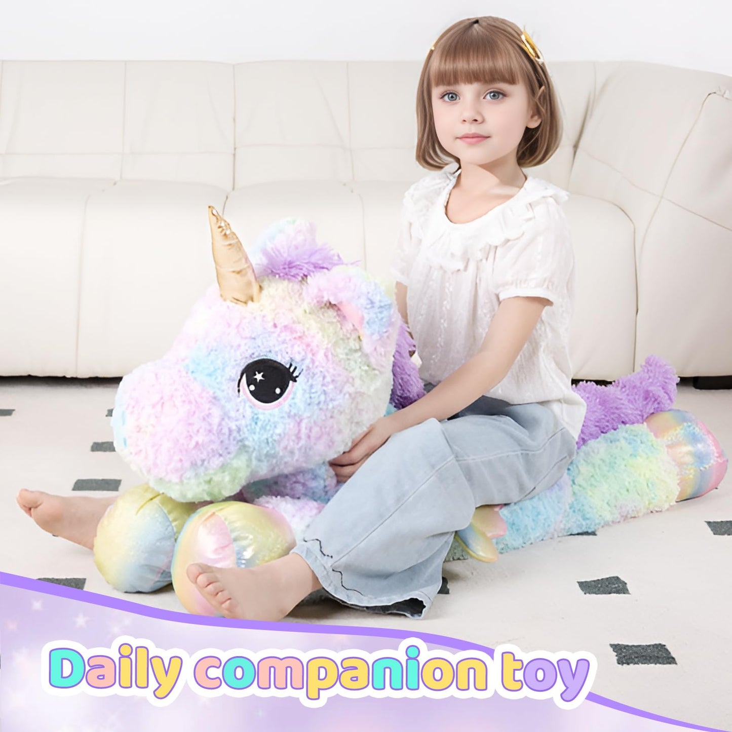 FFxiong 44 Inch Giant Rose Rainbow Unicorn Stuffed Animal Plush Toy with Wings Soft Cute Large Unicorn Plushies Animals Body Pillow Gift for Children Boy Girl Kids Birthday Valentine Room Decorations