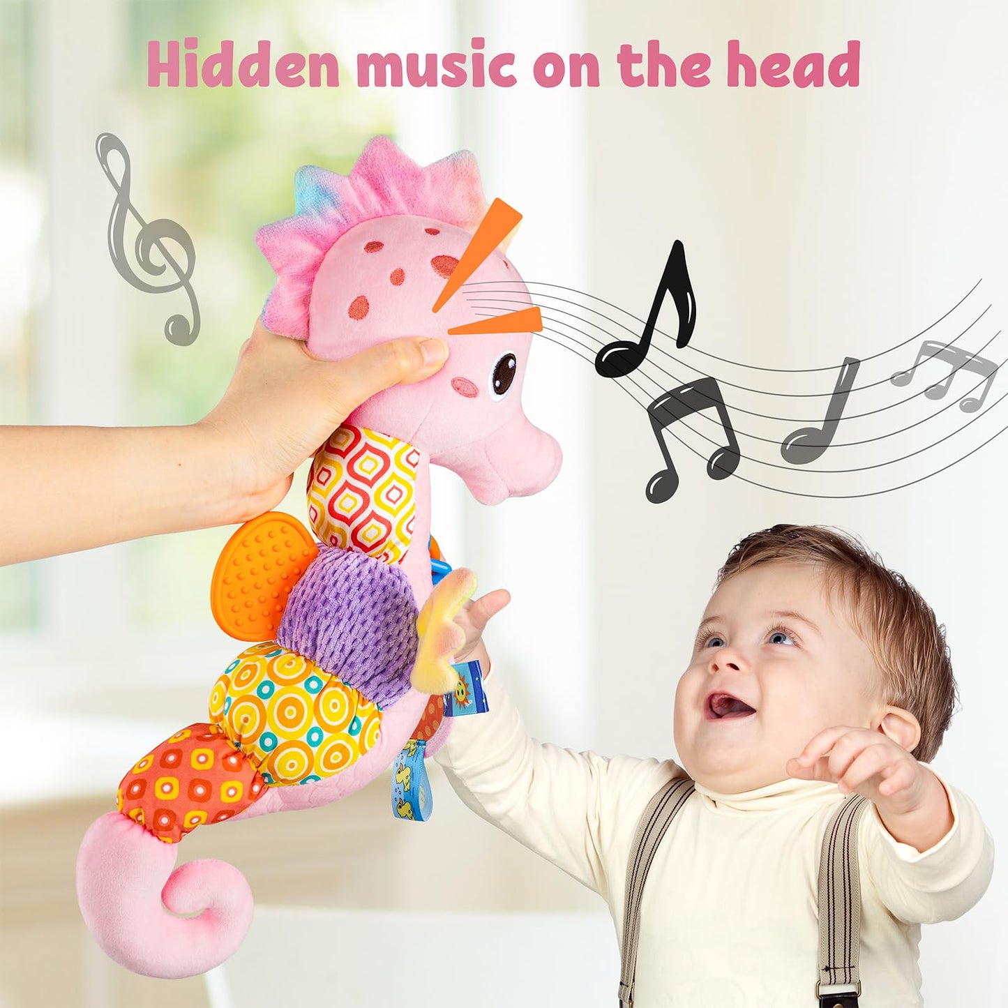 LIGHTDESIRE Baby Toys Musical Seahorse,Infant Stuffed Animal Toys with Crinkle and Rattles,Soft Sensory Toys with Textures for Tummy Time Newborn Boys Girls 0 3 6 12 Months(Pink)
