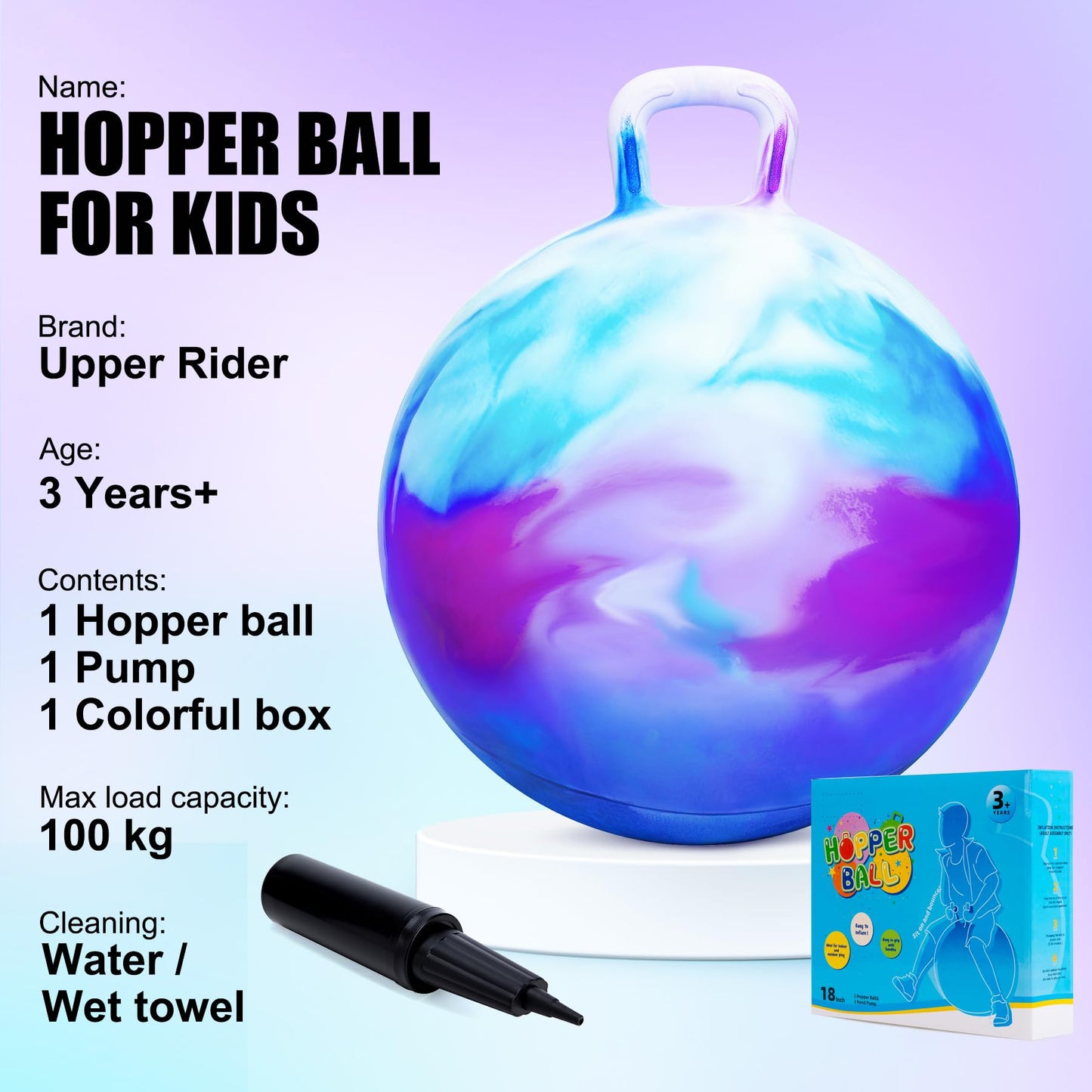 Upper Rider Hopper Ball for Kids 3-6, 18" Hippity Hop Balls, Outdoor Toys for Kids Ages 4-8 Bouncy Ball with Handle, Hopping Ball Birthday/Easter Gift Cloud