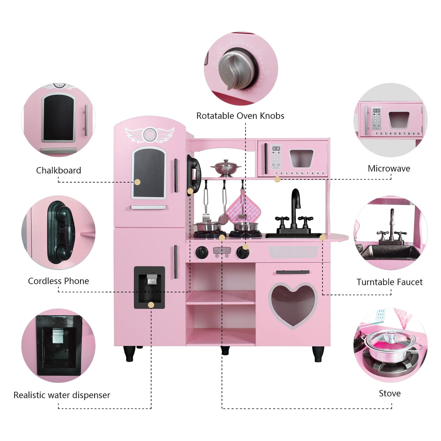TaoHFE Play Kitchen, Pink Kids Kitchen Set for Girls Kitchen Set for Kids Ages 6-8 Gift Toddler Kitchen Set for Kid Age 3+ Kitchen Playset with Lights & Sounds Wooden Toy Kitchen Playset Gift