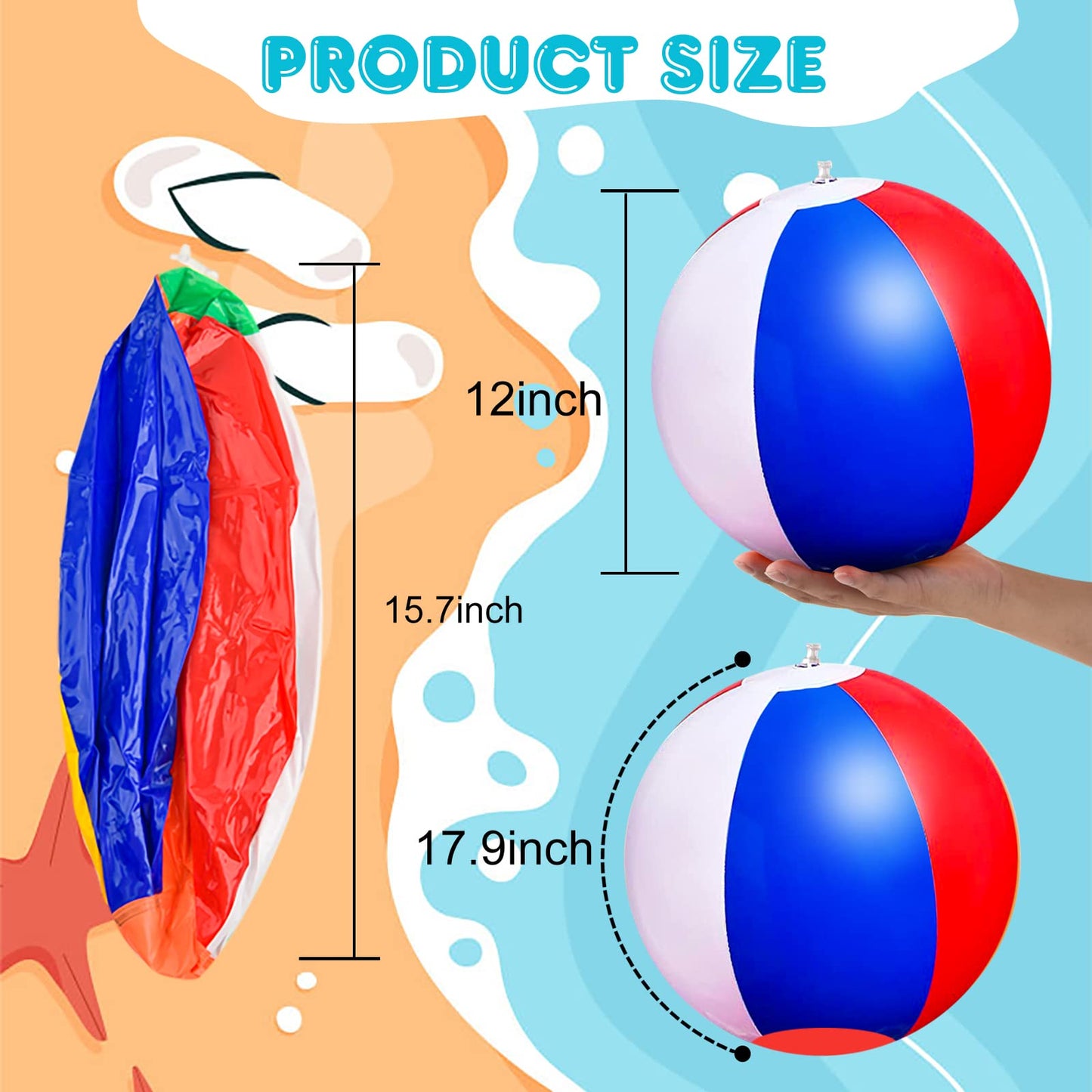12 Pack 16" Large Inflatable Beach Balls Classic Rainbow Swimming Pool Ball Birthday Beach Party Decoration Summer Water Games Gifts 16 to 12 Inches from Deflated to Inflated