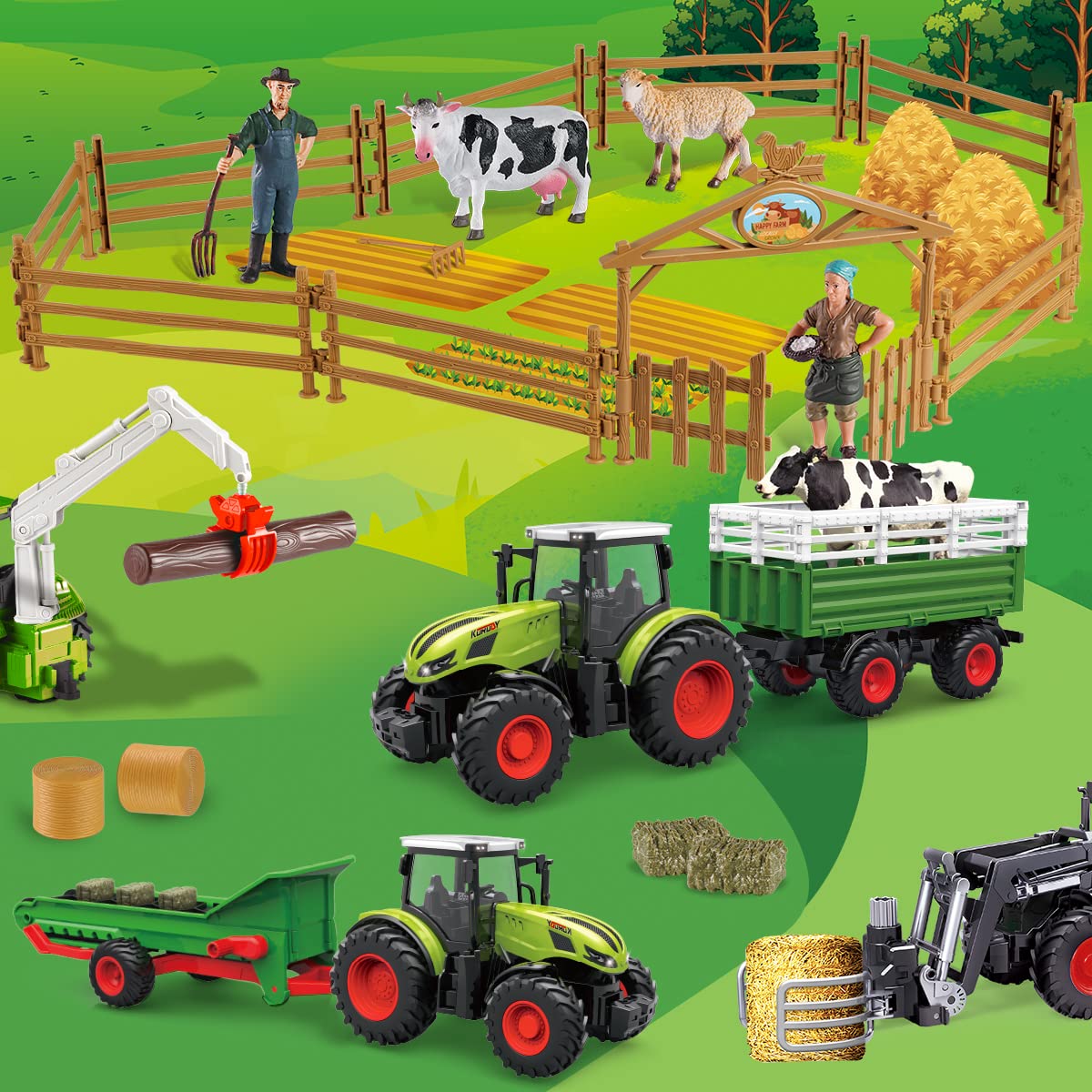 fisca Kids Remote Control Tractor Farm Playset, 2.4Ghz RC Tractor with Trailer and Conveyor, 45PCS Farm Toys Set with Farm Animals Figurines Fences Farmers for Kids Age 3 4 5 6 Years Old
