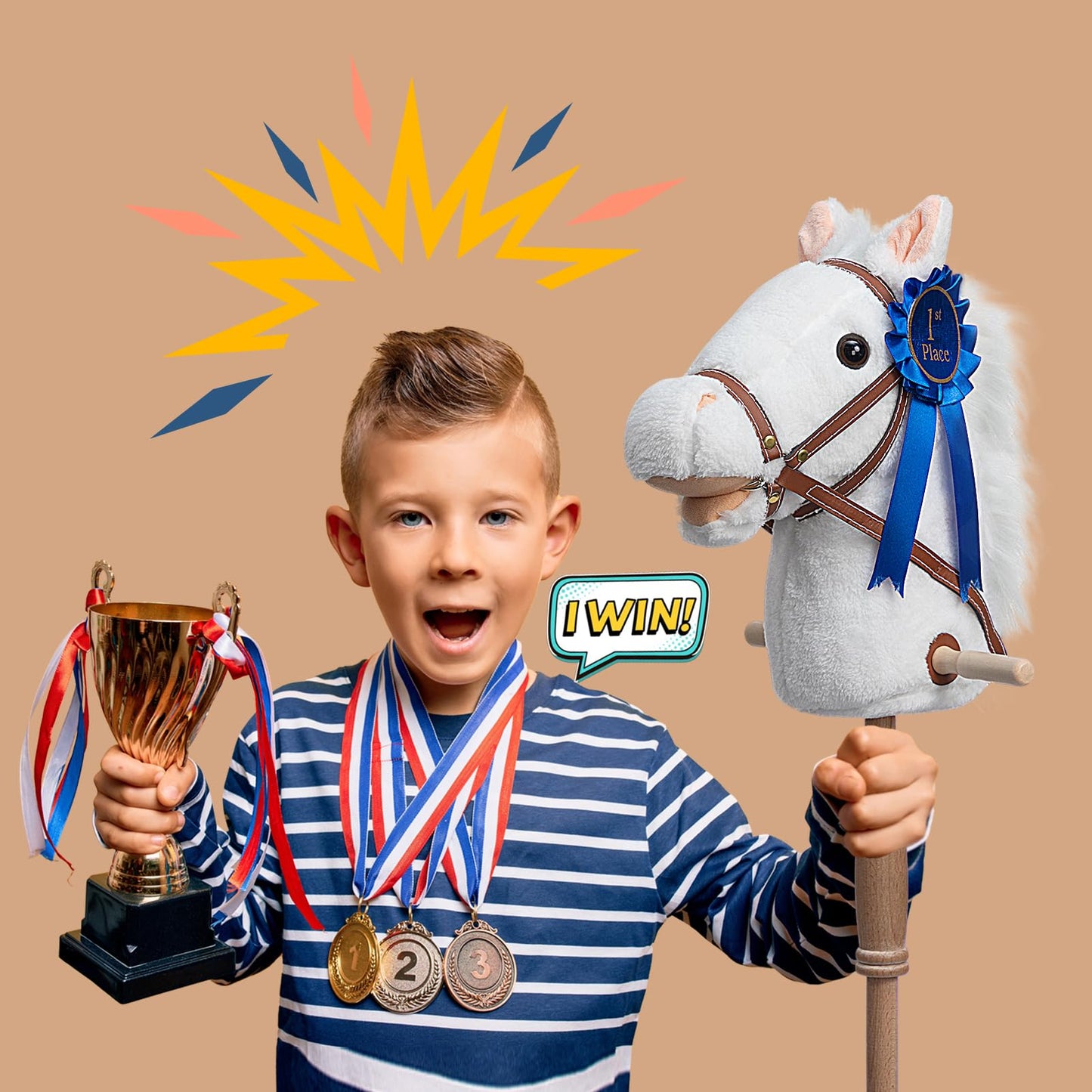 HollyHOME Stick Horse Plush with Detachable Blue Ribbon Champion Hobby Horse on Stick with Wood Wheels Real Pony Neighing and Galloping Sounds for Kids Toddlers White 36 Inches(AA Batteries Required)