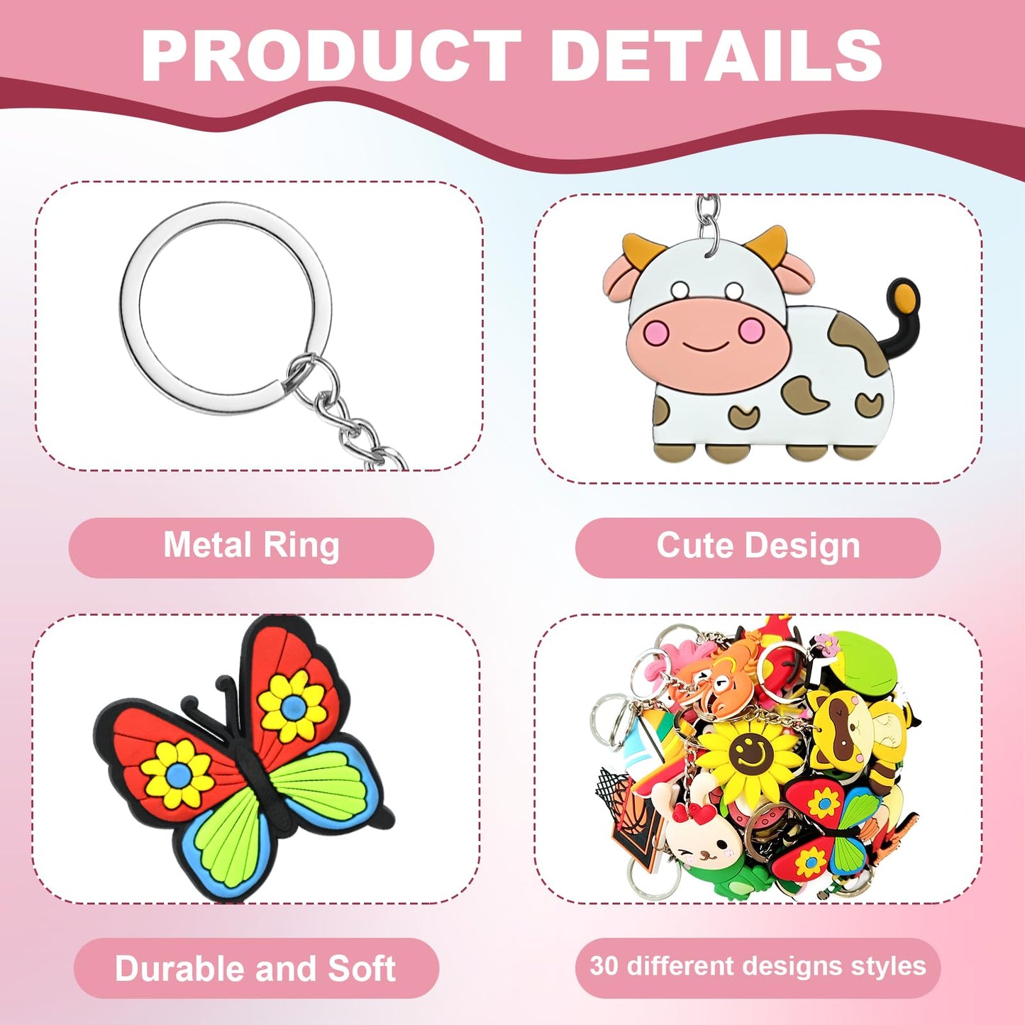 XITDW 30/50pcs Large size thicken Cute Bulk Keychains,Non-Repeat Cartoon Key Chains Backpack Charms for Classroom Prizes Students Incentives Holiday Gifts Party Favors